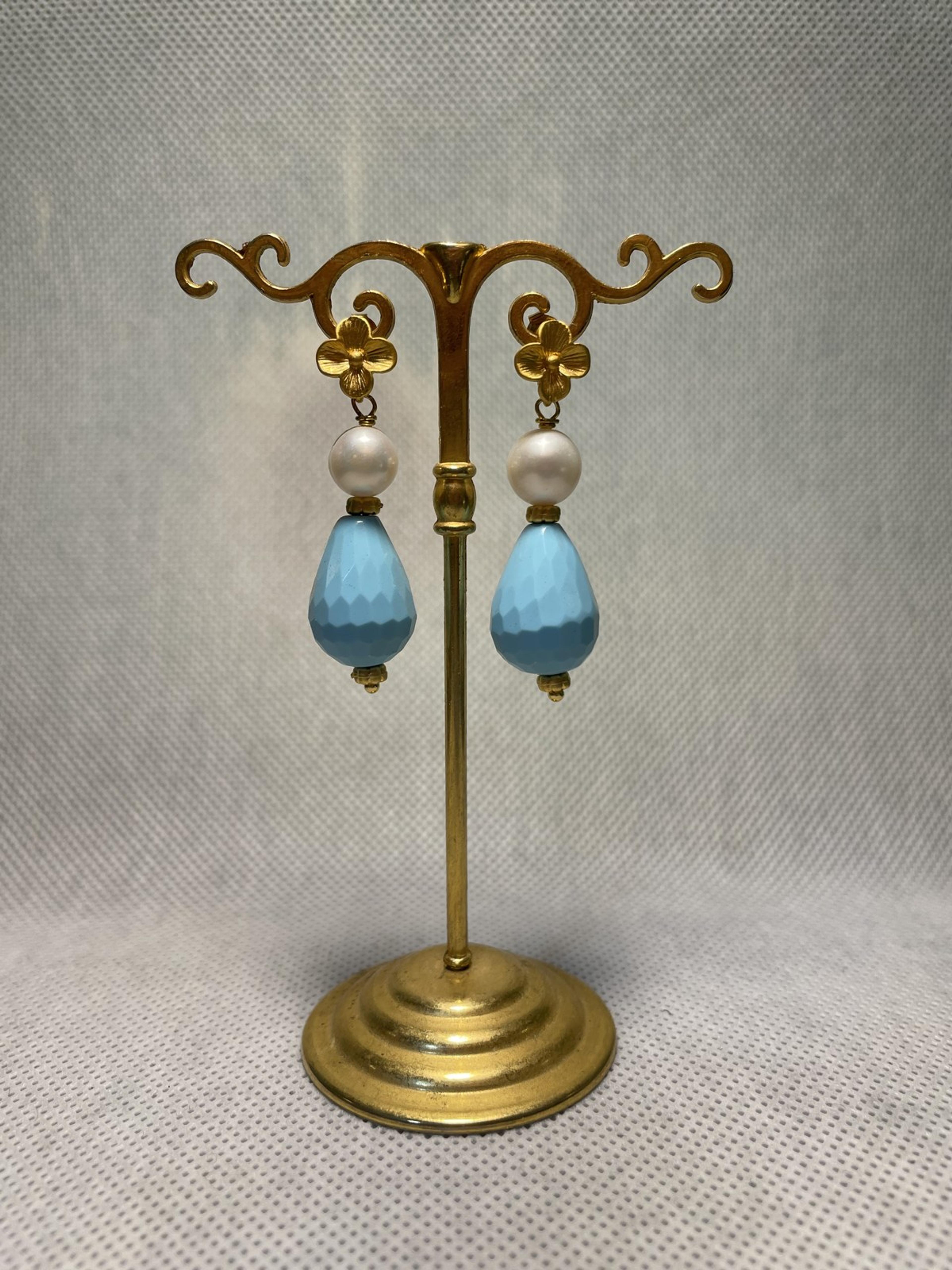 Sky Blue Faceted Teardrop with Pearl Accent Jolly Earrings