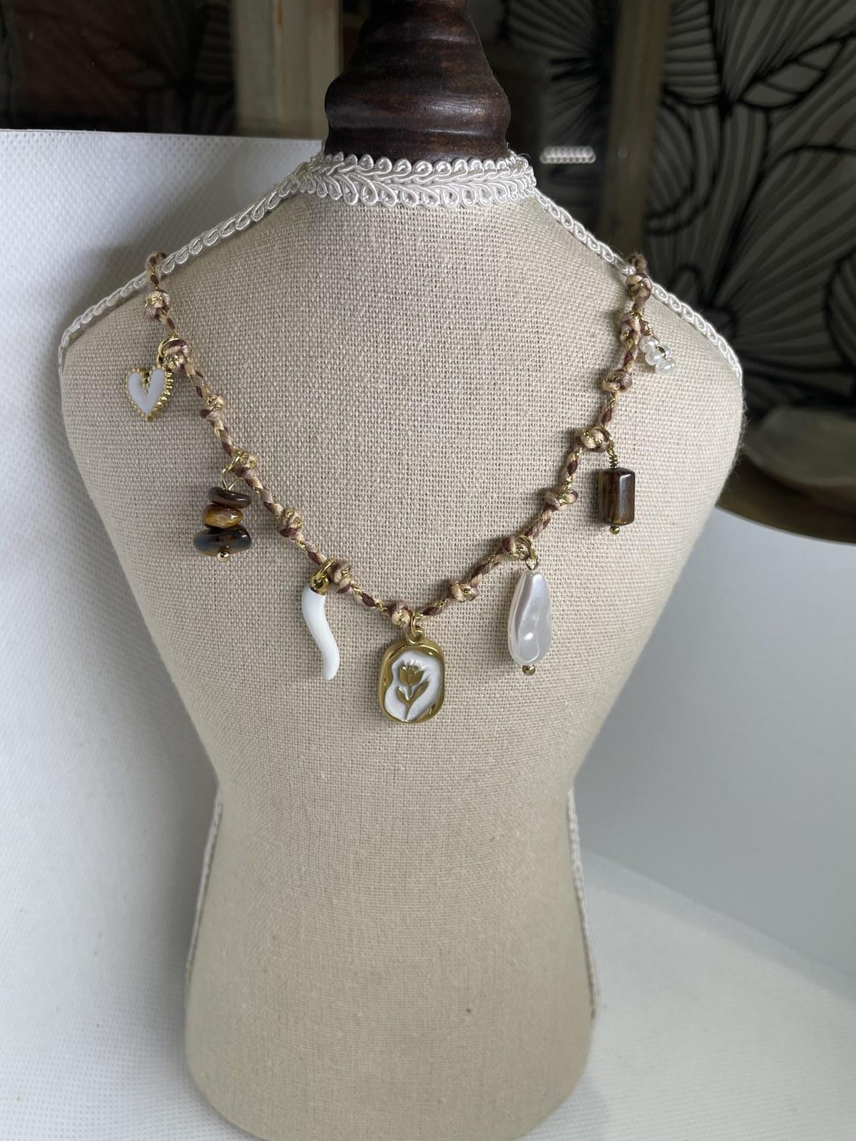 Tan Cord Necklace with Tiger's Eye and Flower Cameo