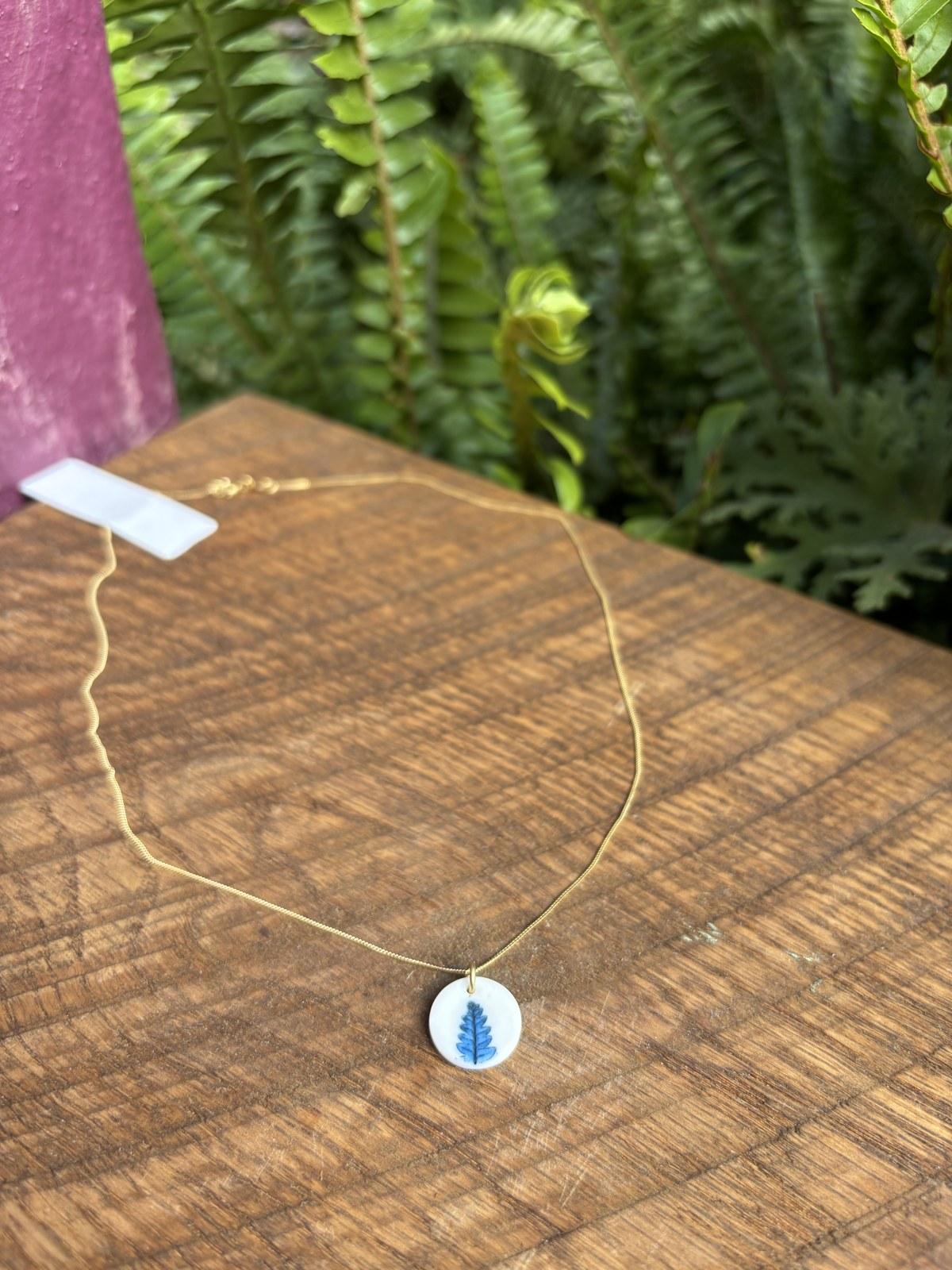 Single Fern Sprig Round Pendant Necklace