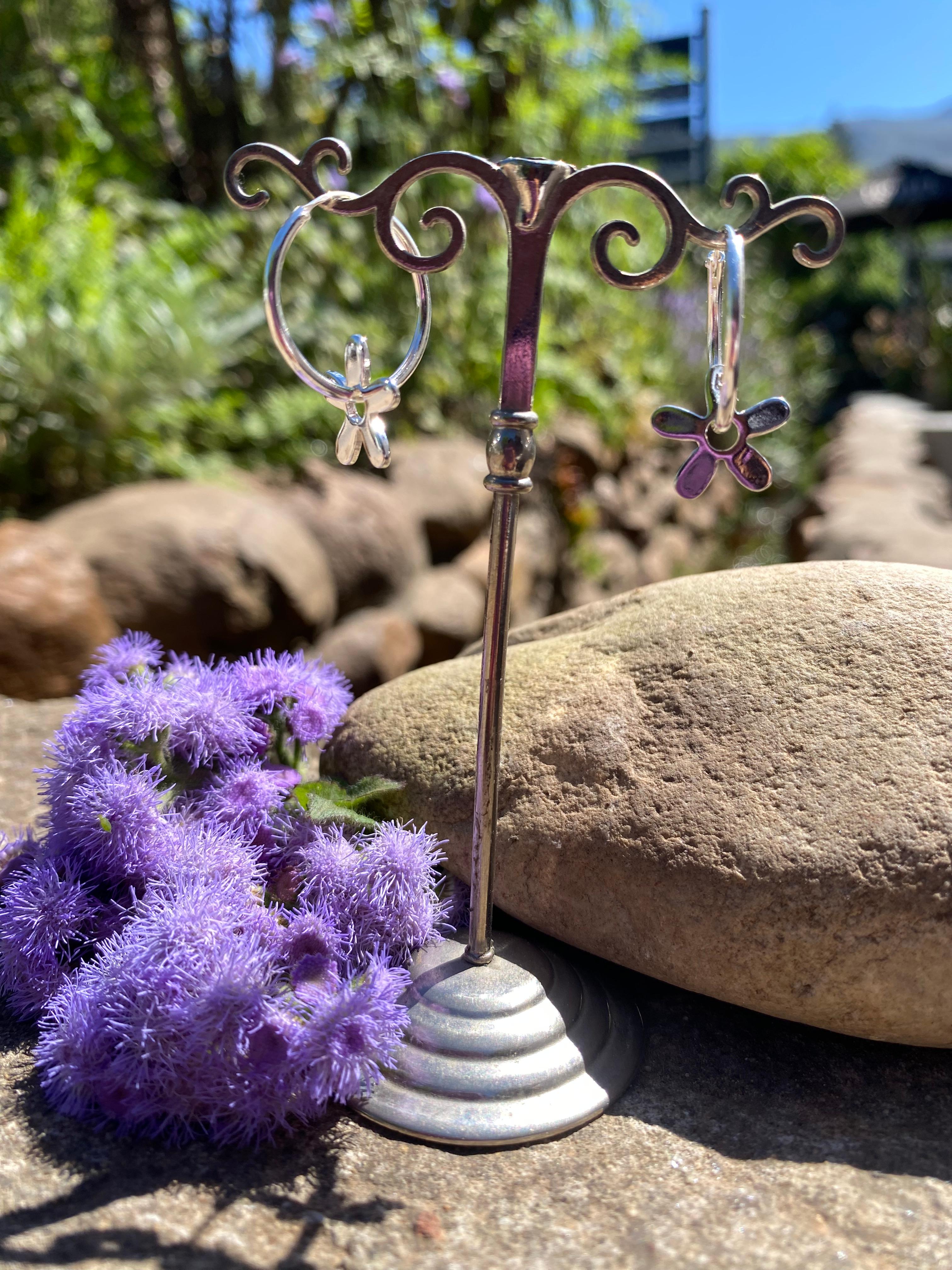 Silver Petal Charm Hoops