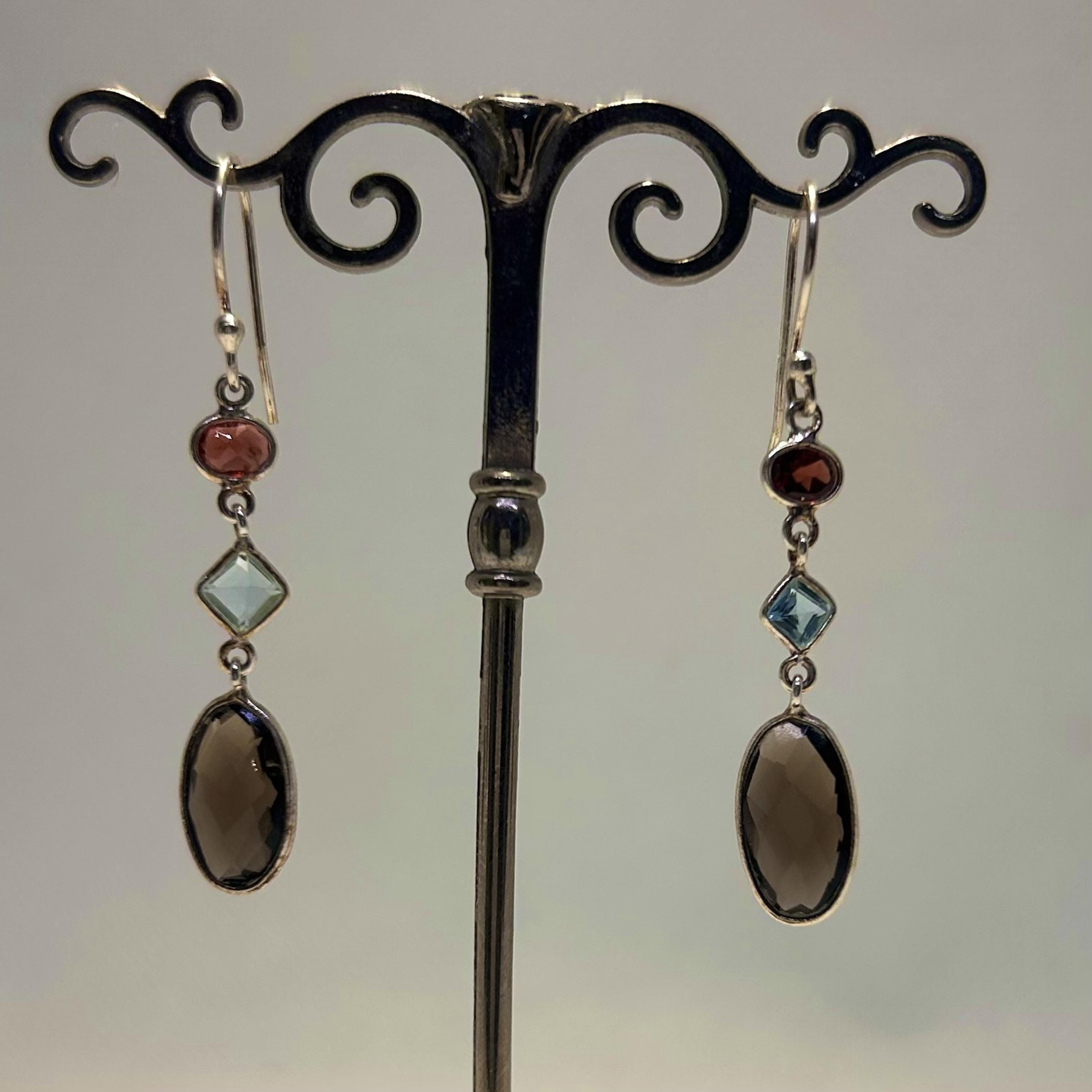Garnet, Blue Topaz & Smoky Quartz Drop Earrings