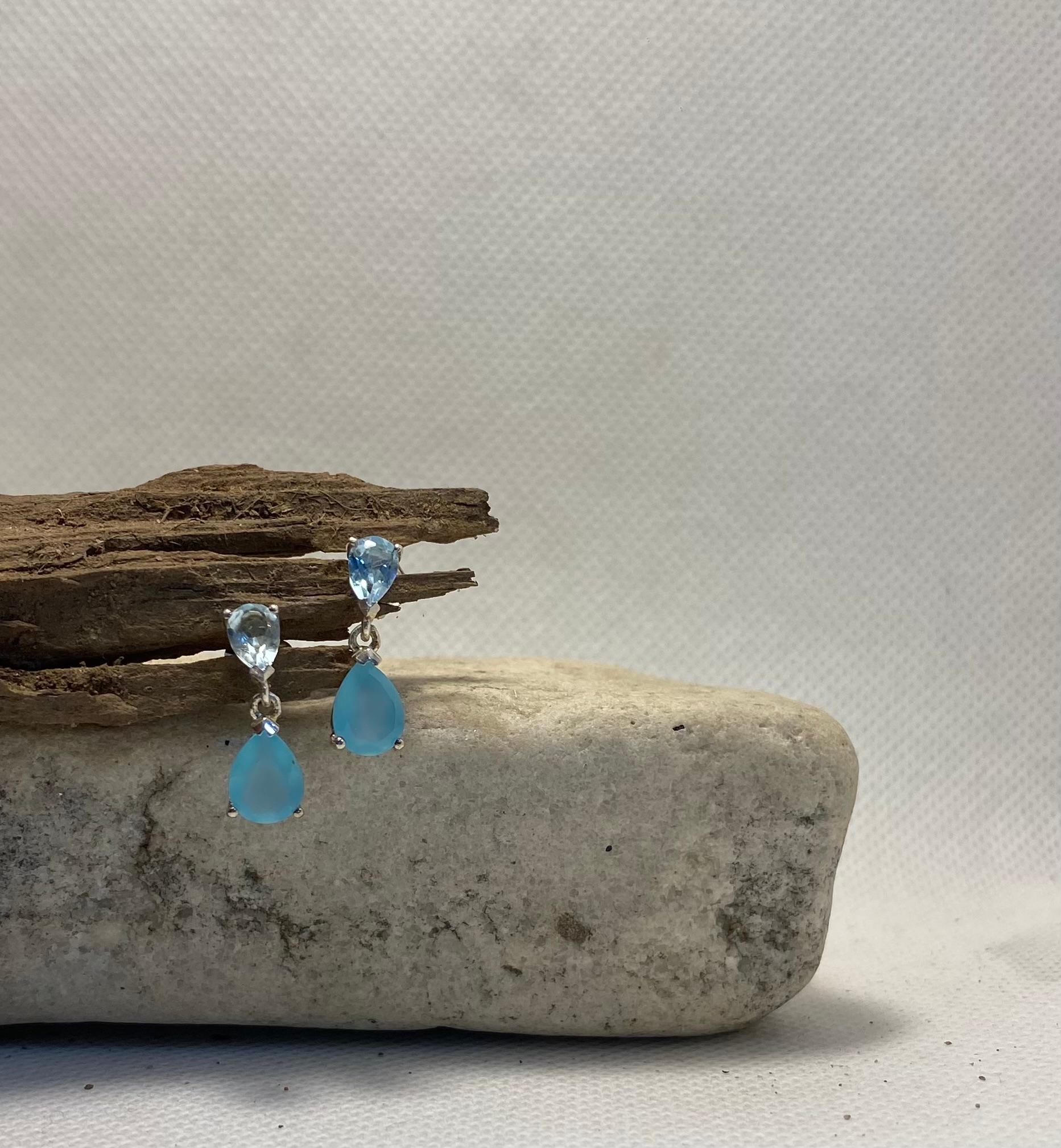 Blue Topaz & Aqua Chalcedony Teardrop Dangle