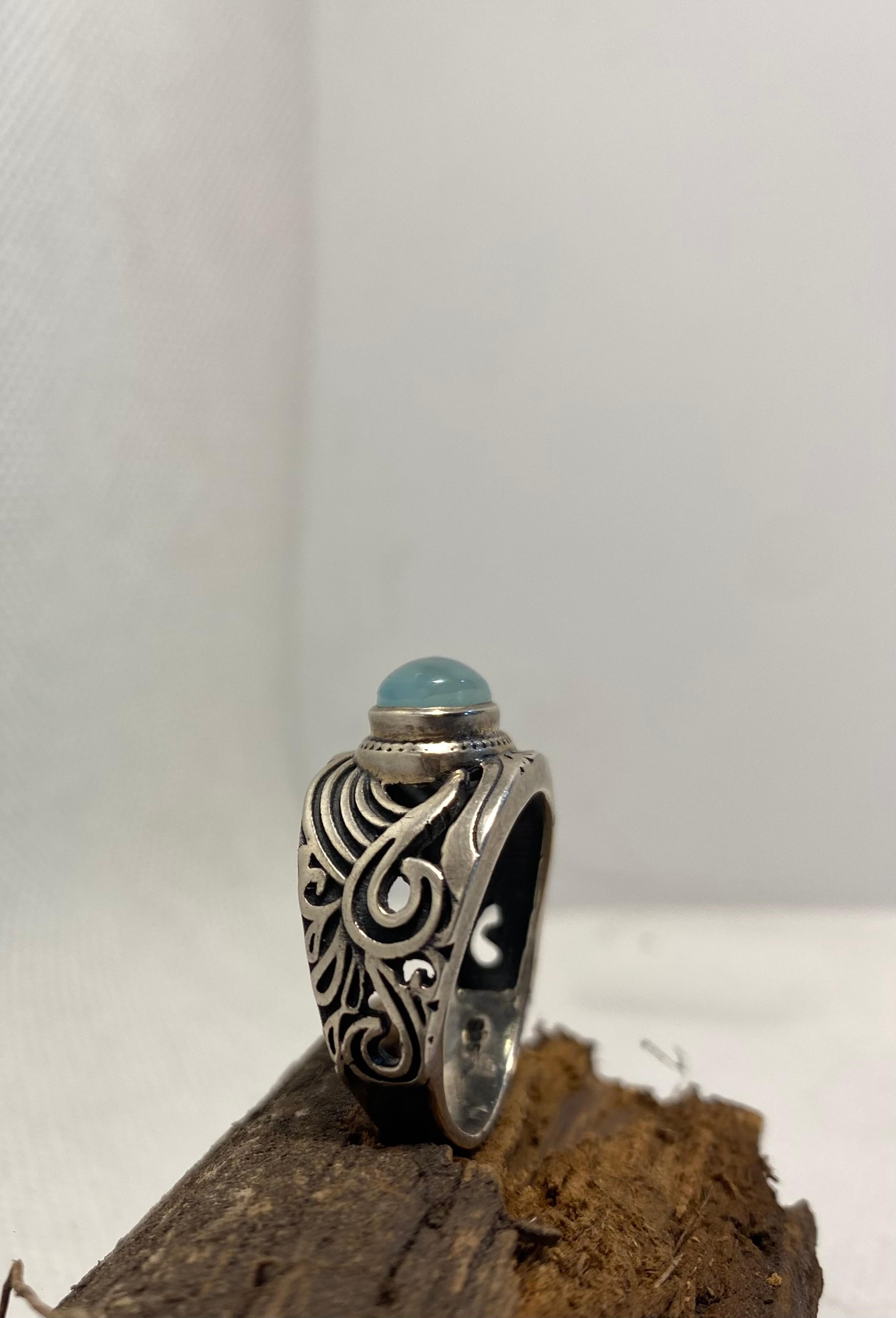 Aqua Chalcedony Ring in Ornate Cast Band