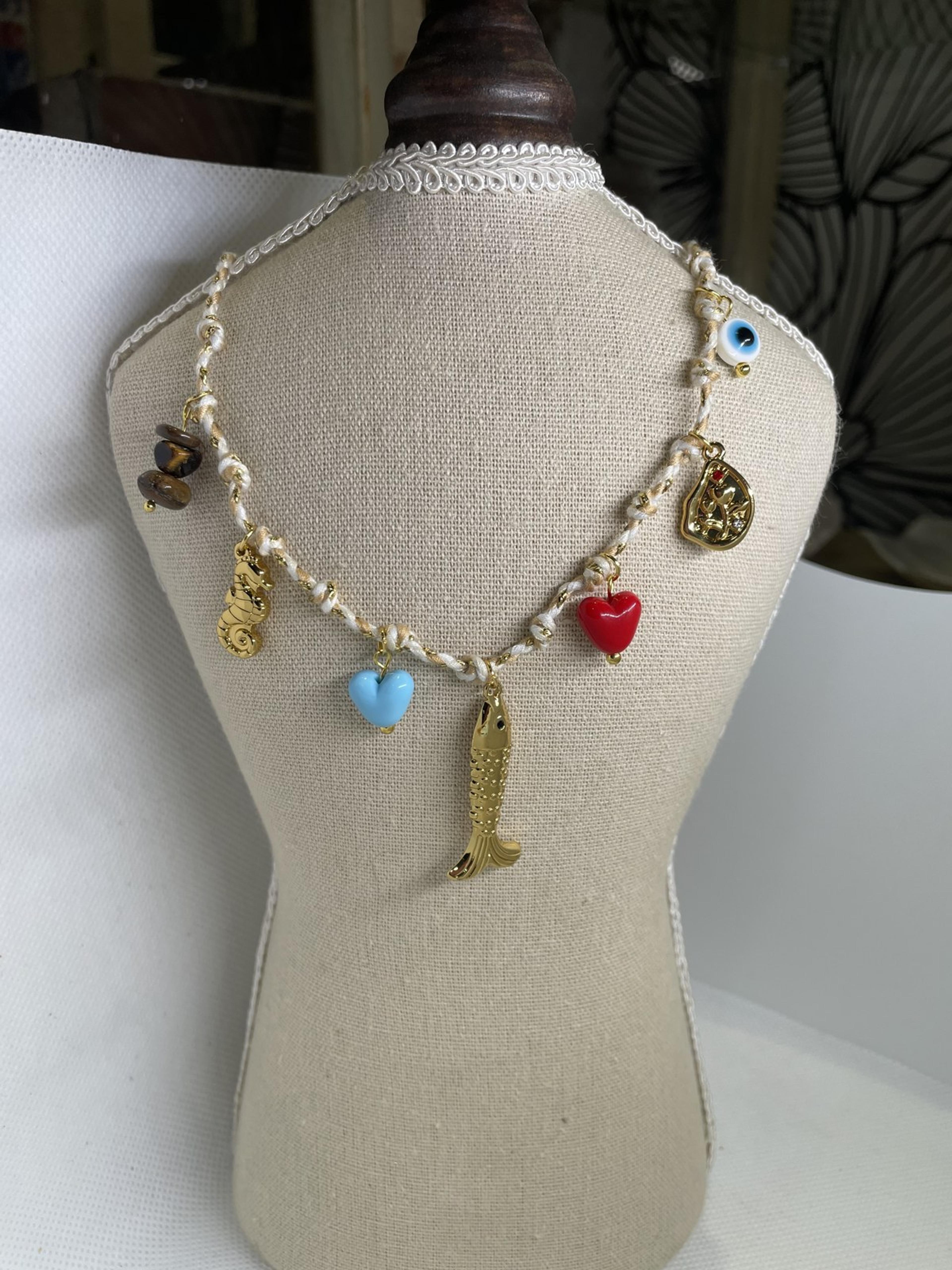 Ivory Cord Necklace with Seahorse, Fish and Heart Charms