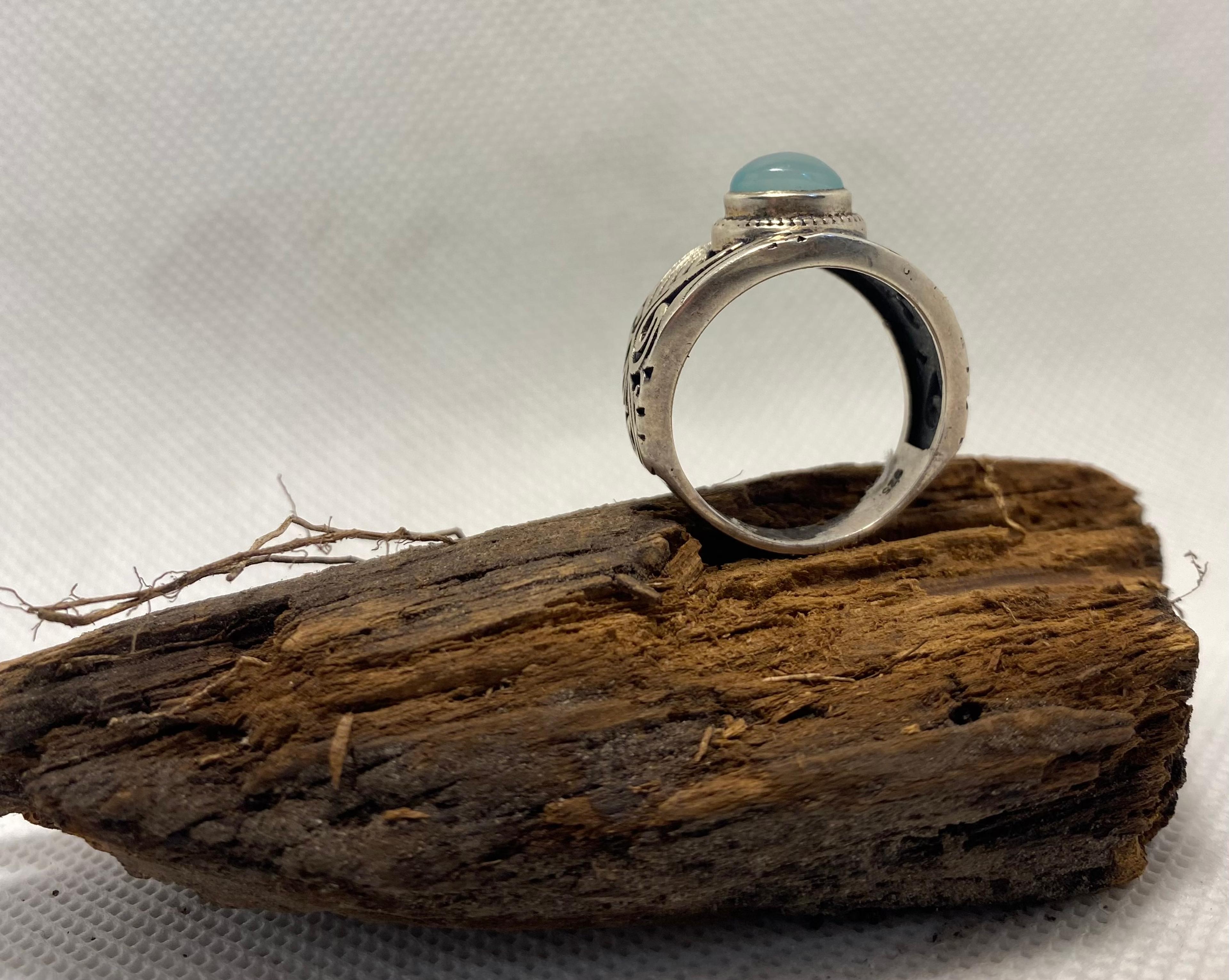 Aqua Chalcedony Ring in Ornate Cast Band