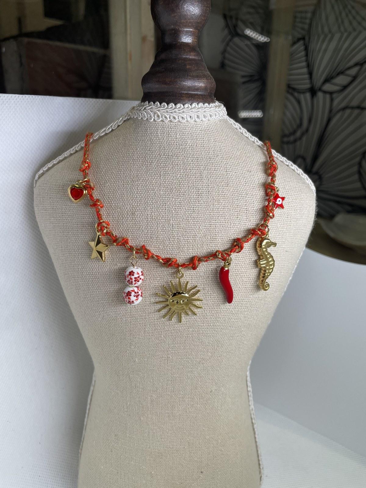 Orange Cord Necklace with Seahorse and Chili Charms