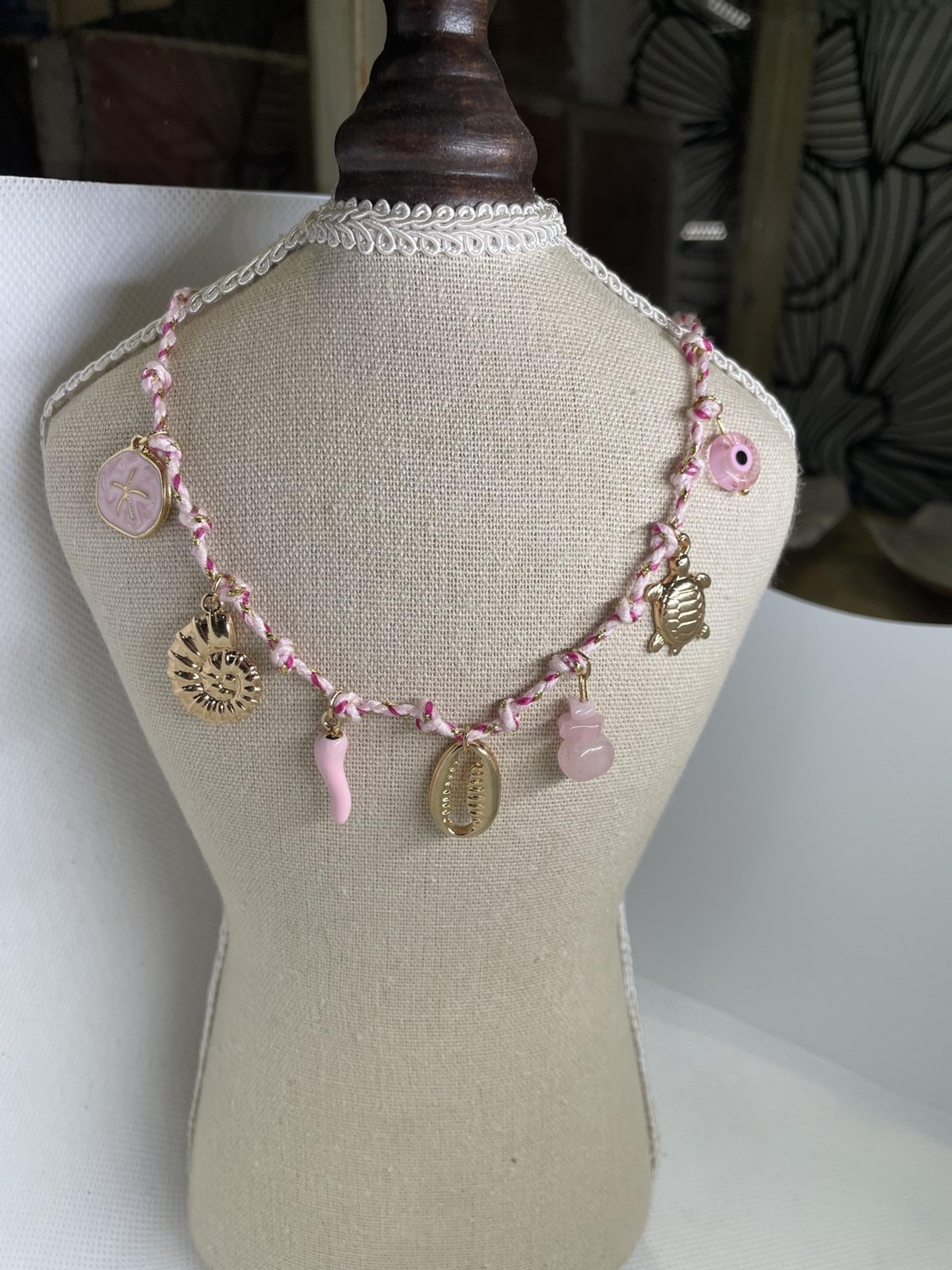 Pink Cord Necklace with Turtle and Cowrie Shell Charms