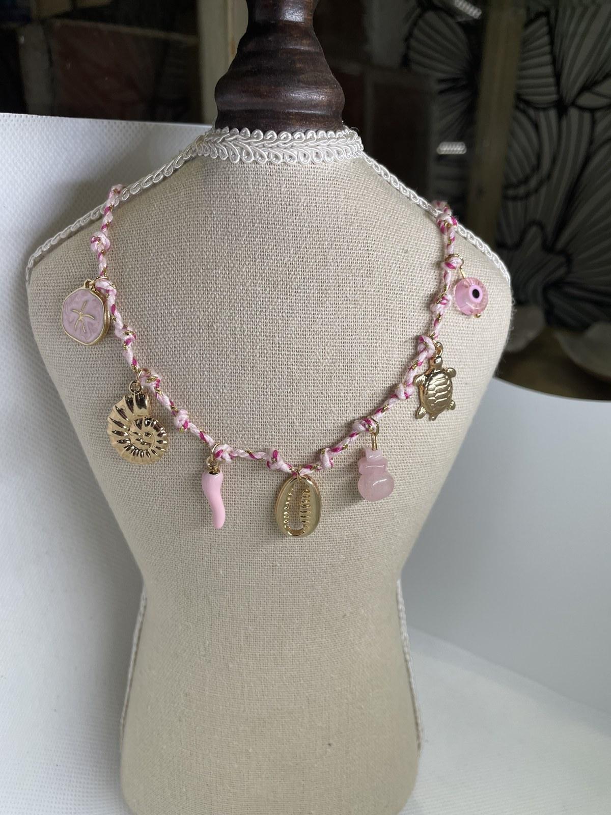 Pink Cord Necklace with Turtle and Cowrie Shell Charms