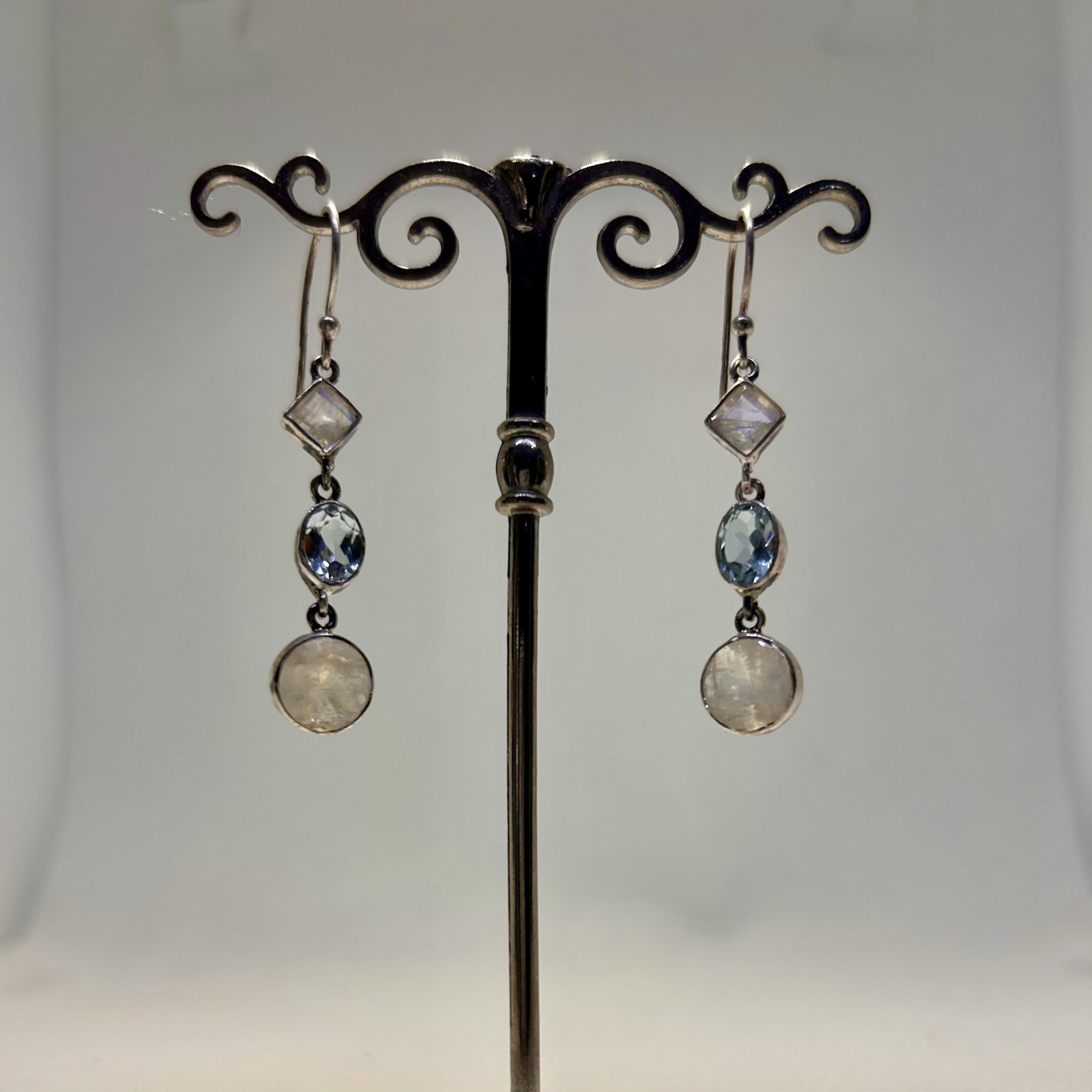 Rainbow Moonstone & Blue Topaz Drop Earrings