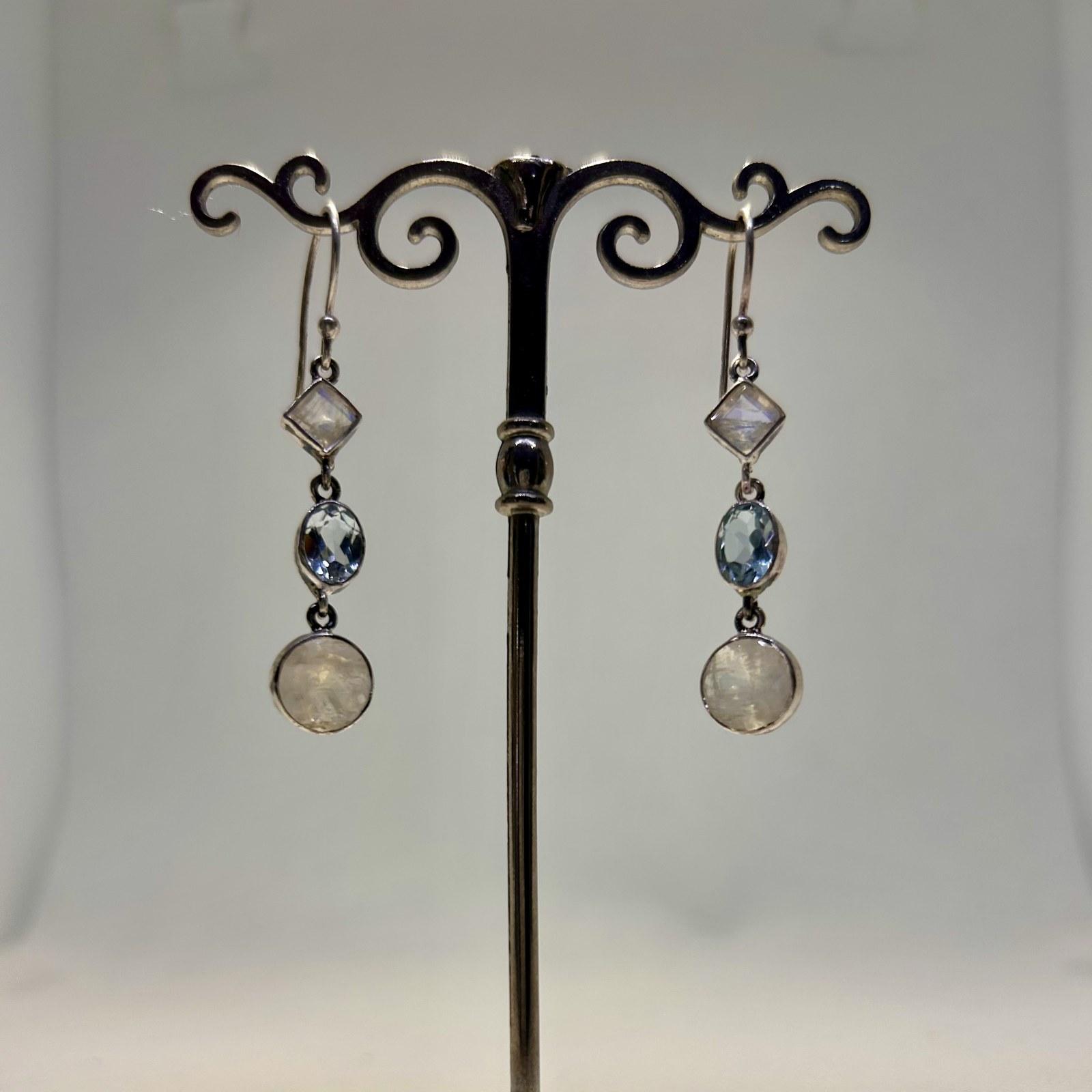 Rainbow Moonstone & Blue Topaz Drop Earrings