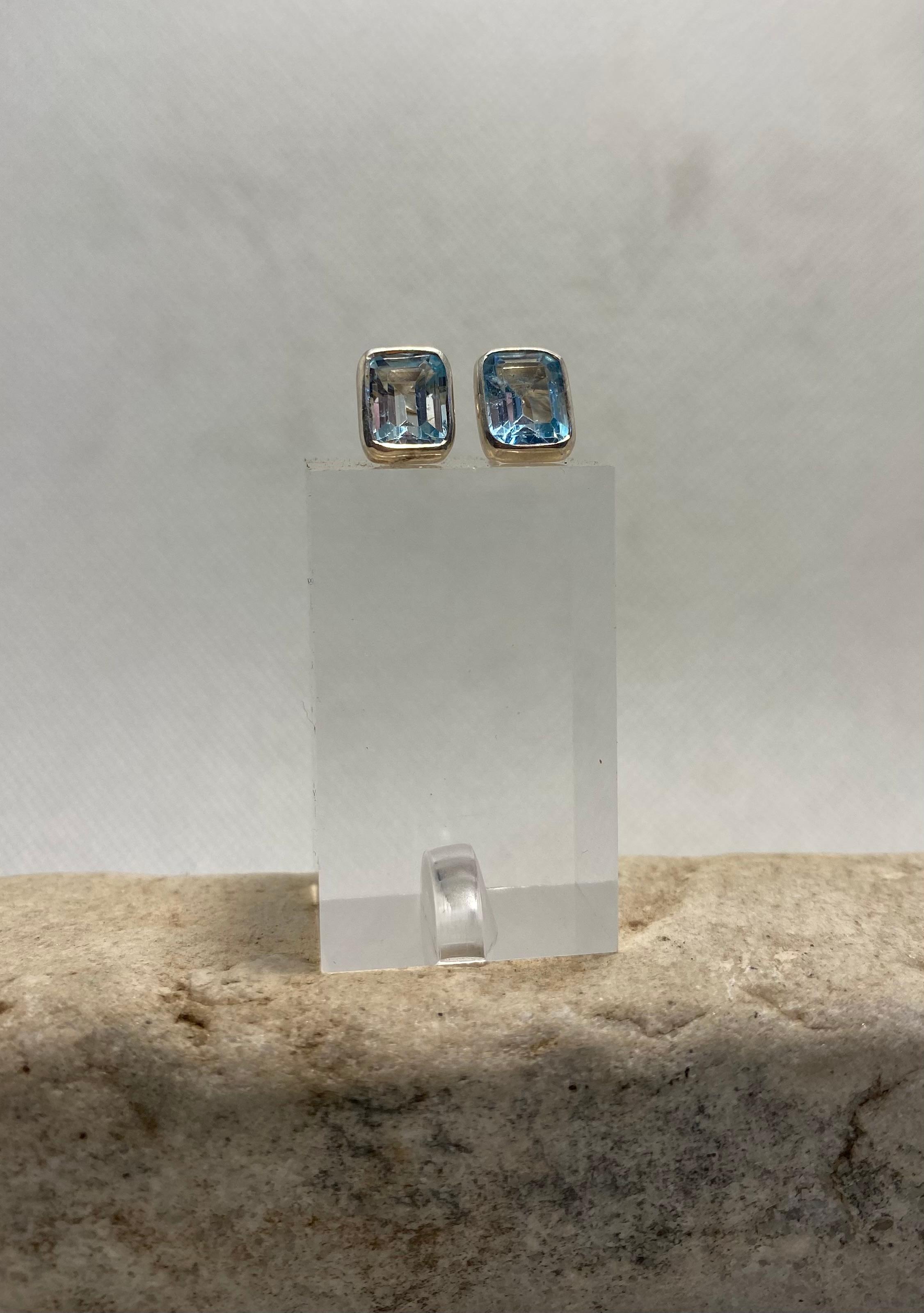 Emerald-Cut Blue Topaz Bezel Stud Earrings