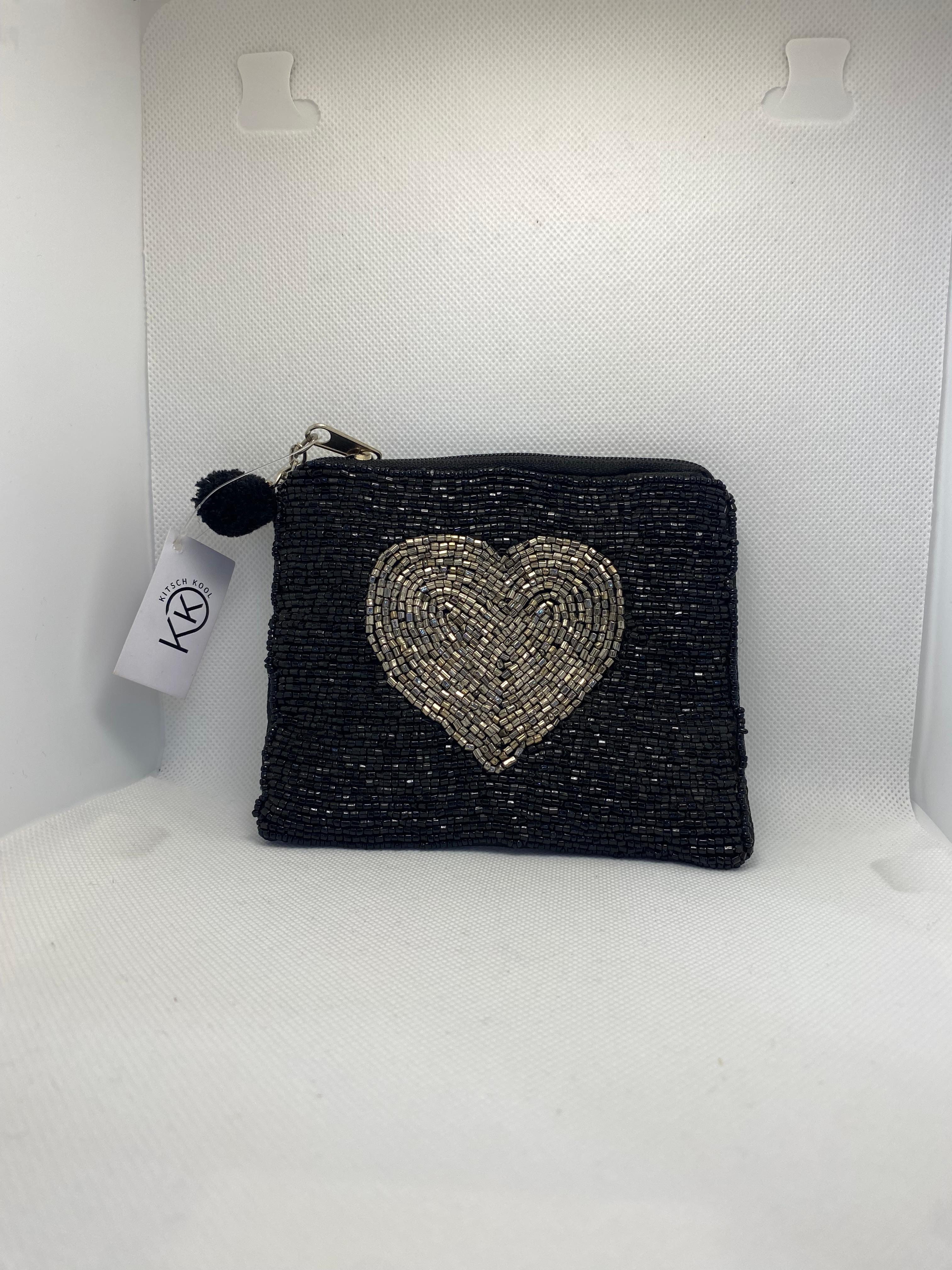Kitch Kool Beaded Coin Purse — Heart Silver