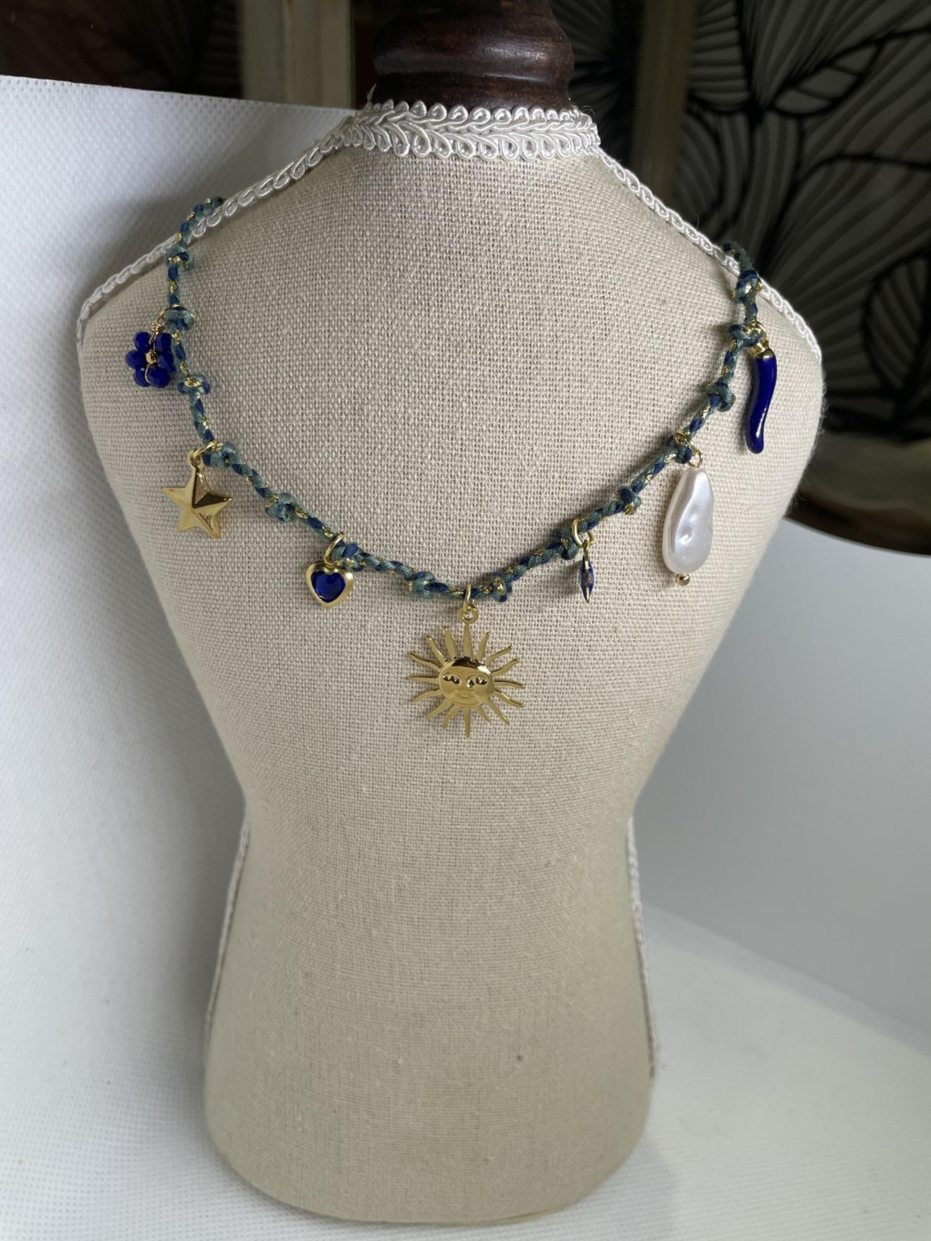 Blue & Green Cord Necklace with Gold Sunburst Charm