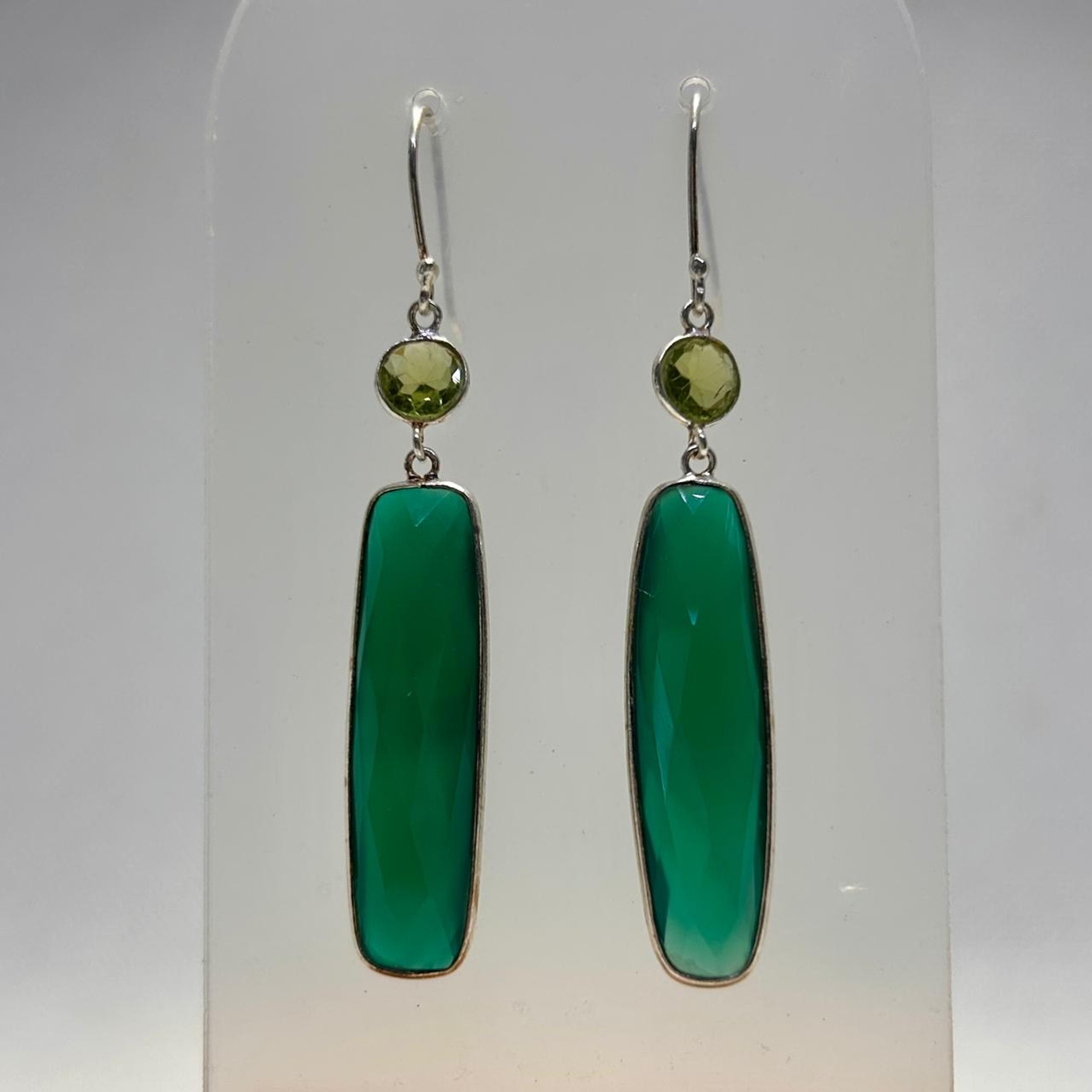 Green Onyx Cushion & Peridot Drop Earrings