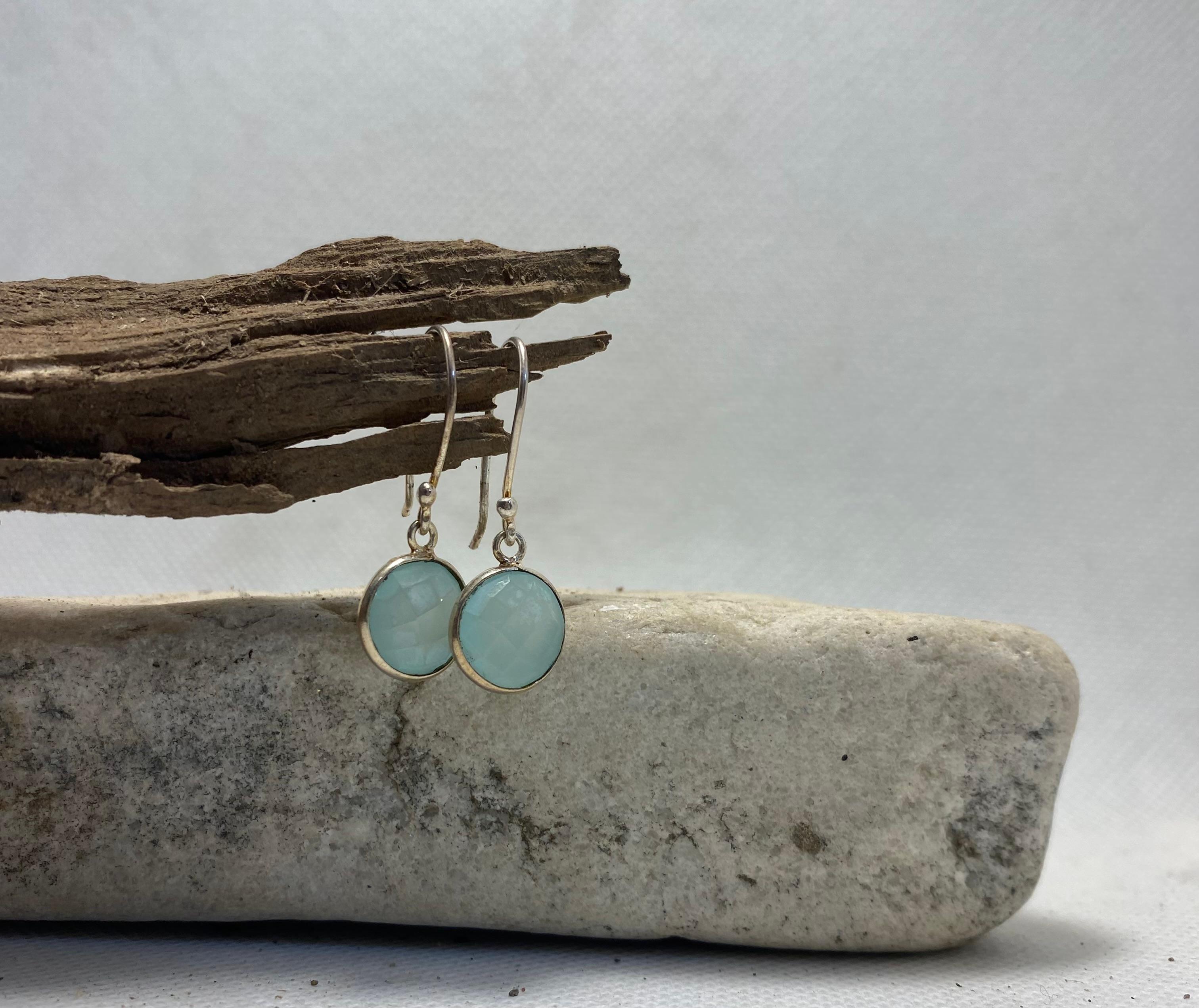 Aqua Chalcedony Round Drop Earrings