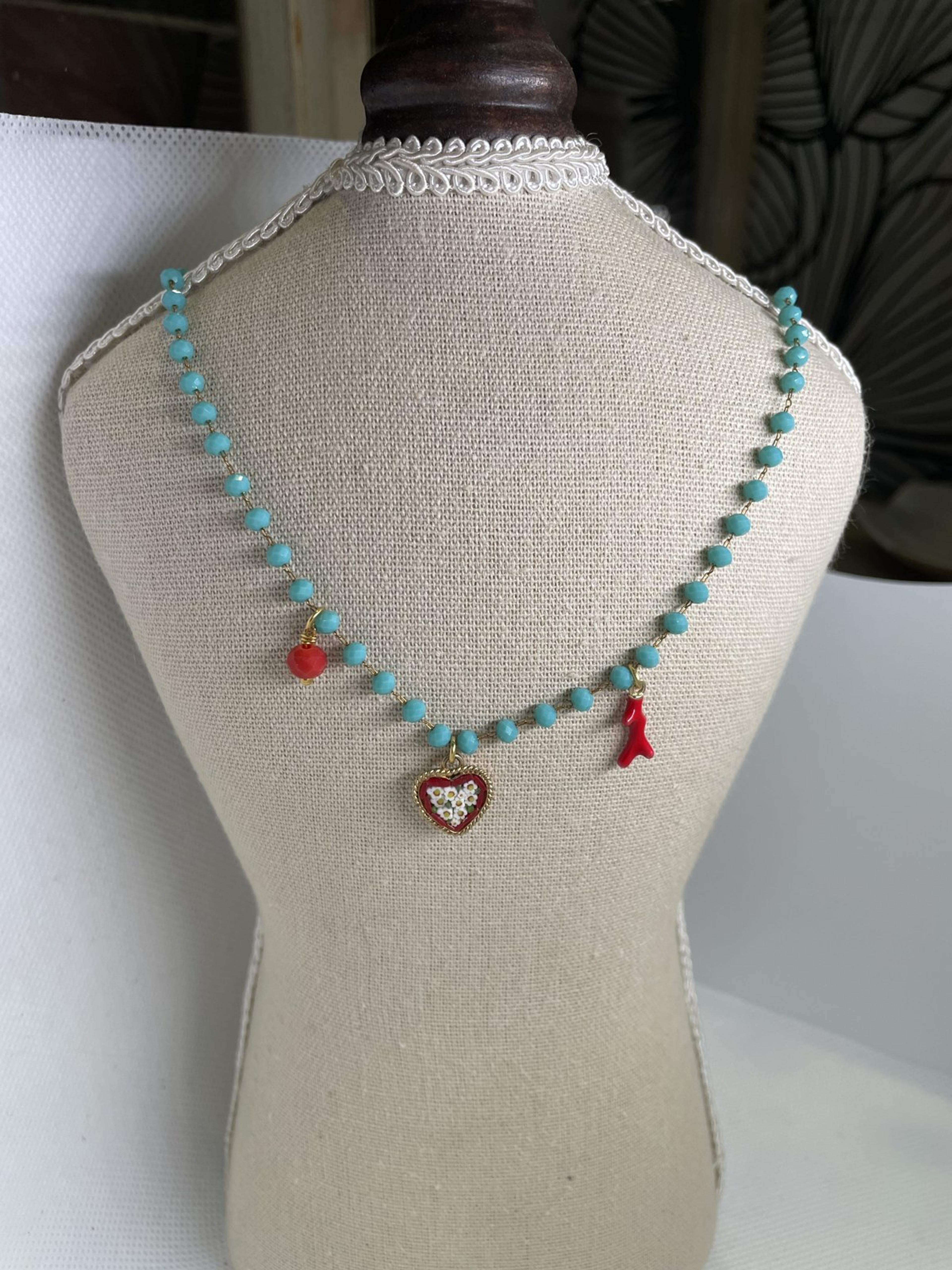 Andiamo necklace Turquoise Bead Necklace with Red Heart Pendant