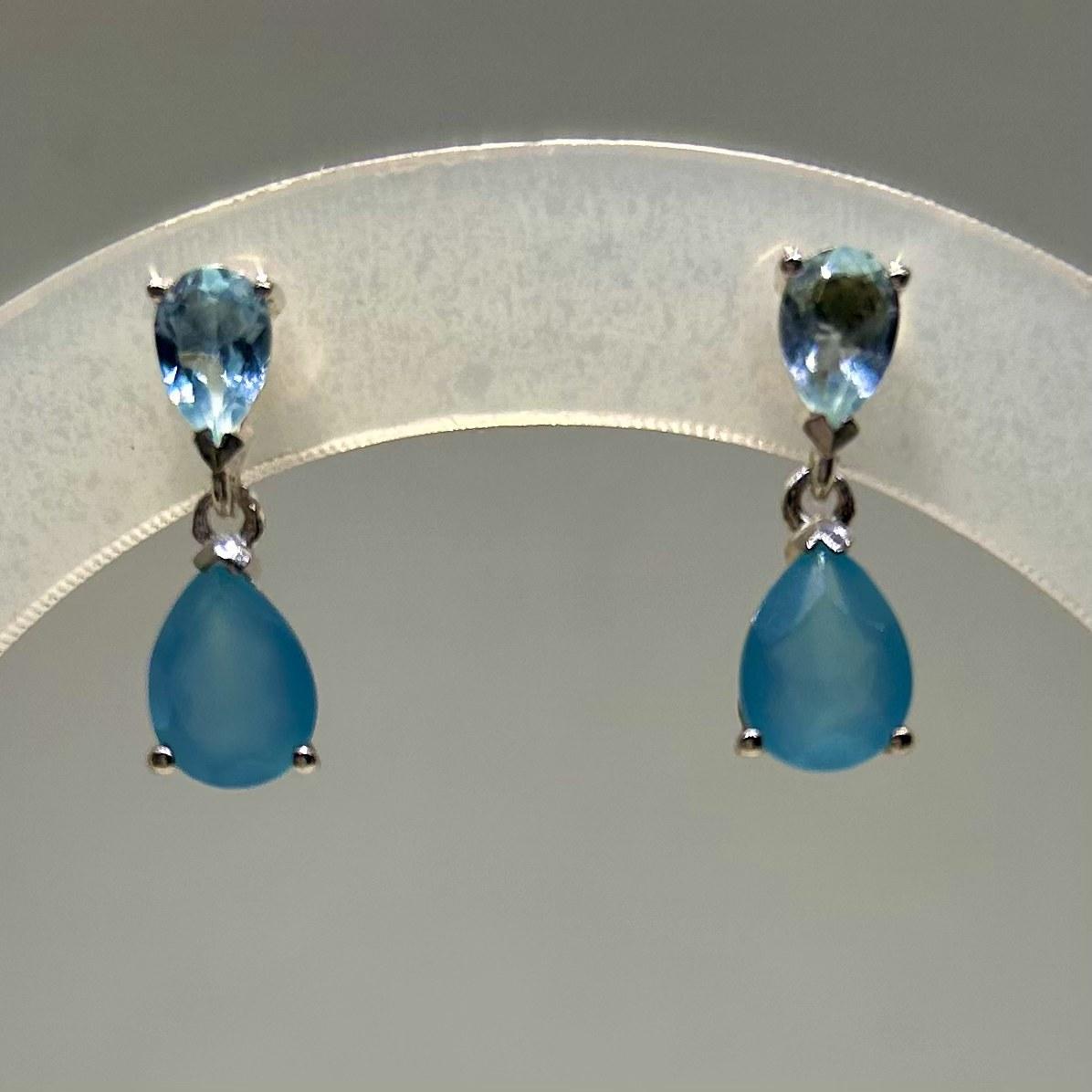 Blue Topaz & Teal Chalcedony Pear Drop Earrings