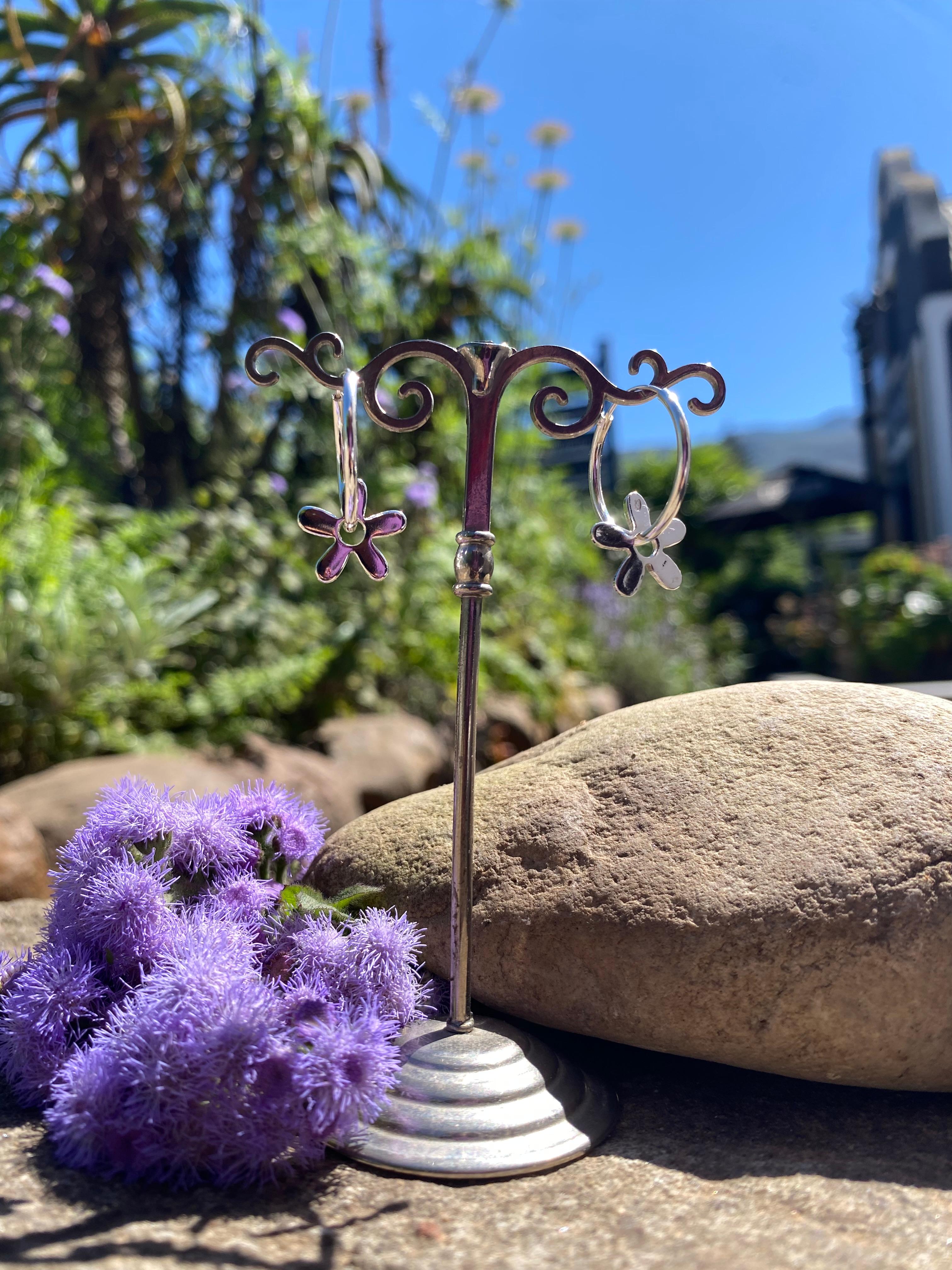 Silver Petal Charm Hoops