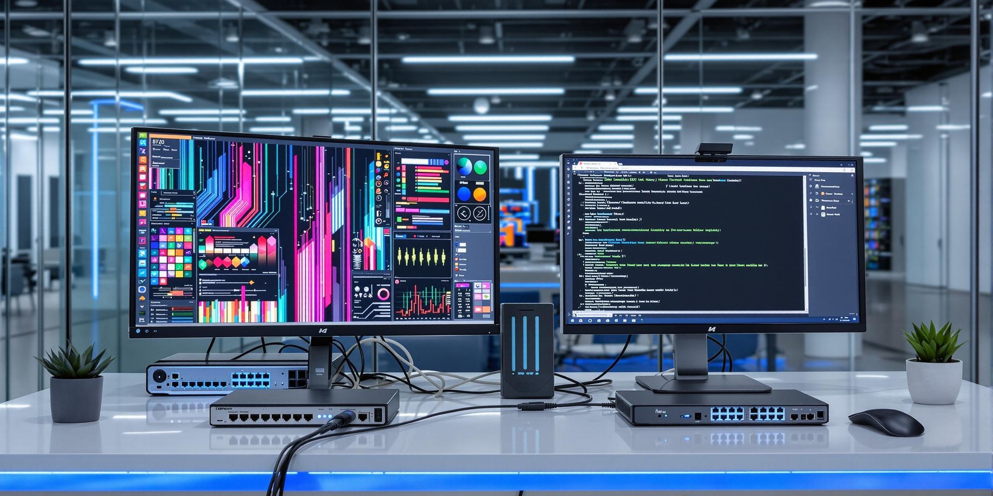 two computer monitors are sitting on a desk in a computer lab .