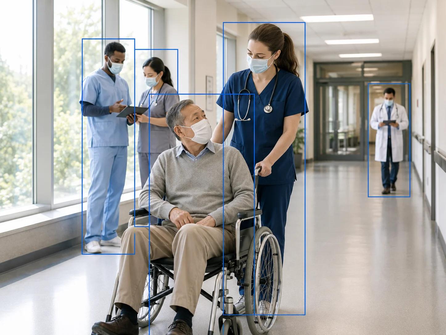 A nurse wheeling an elderly patient down a hospital corridor monitored by patient safety surveillance analytics.