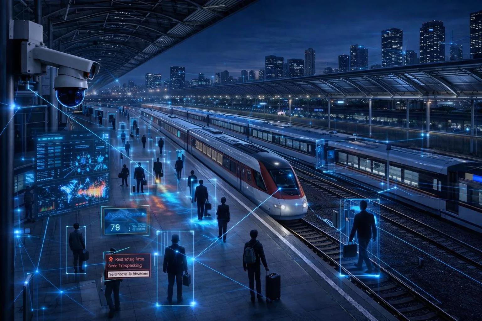AI surveillance camera at a railway station tracking passenger count and detecting track trespassing violations at night.