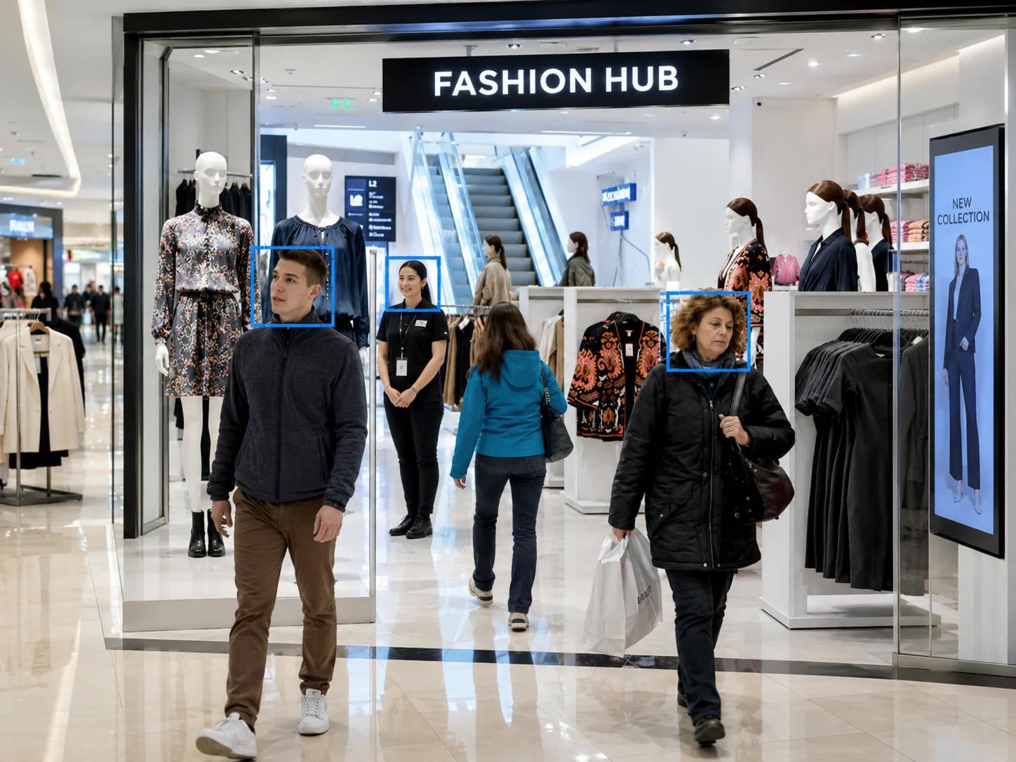 Smart retail video analytics solution tracking customer foot traffic and face detection inside a modern clothing store.