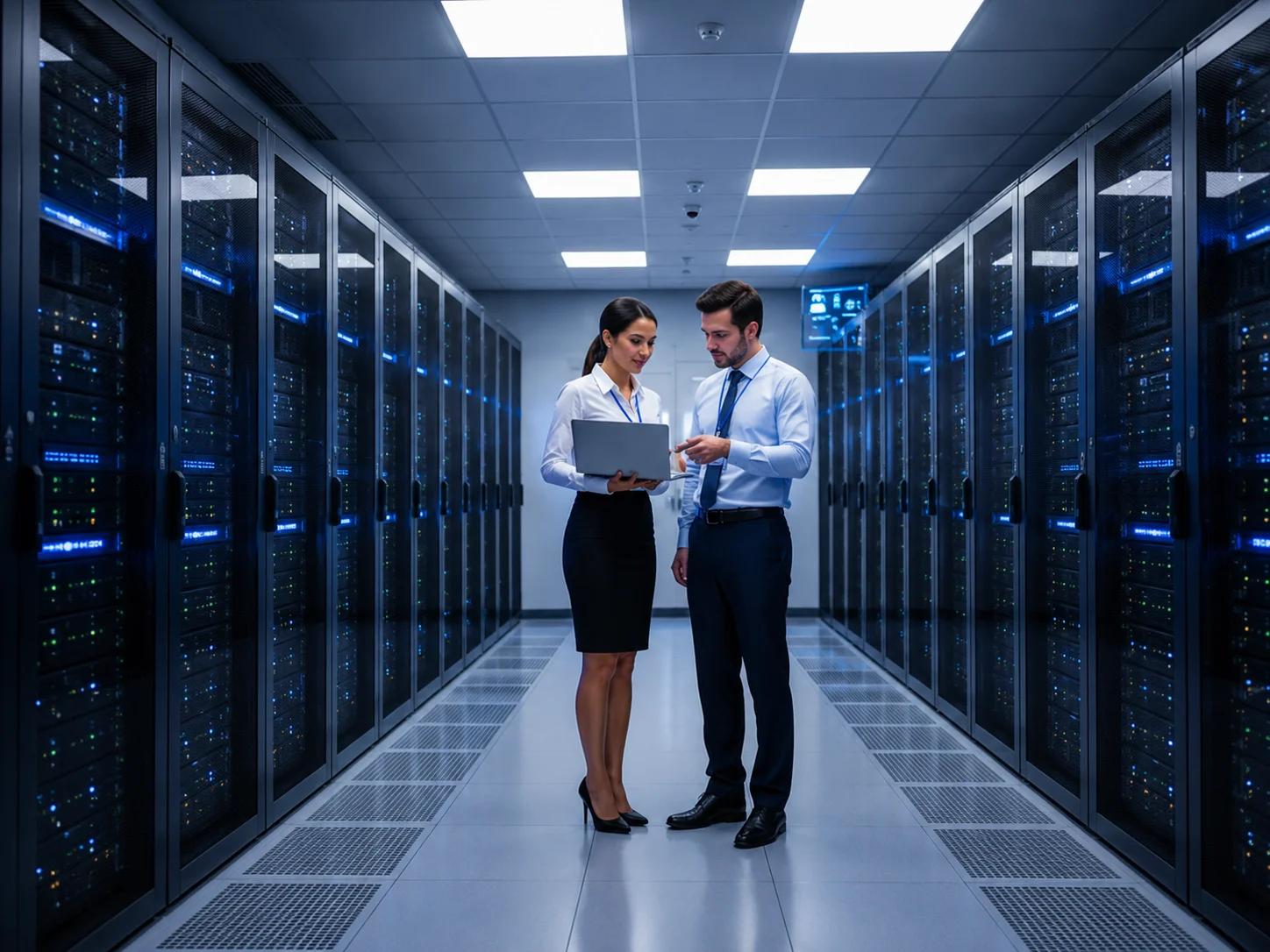 Two IT professionals reviewing network server data on a laptop inside a data center aisle with smart security monitoring.