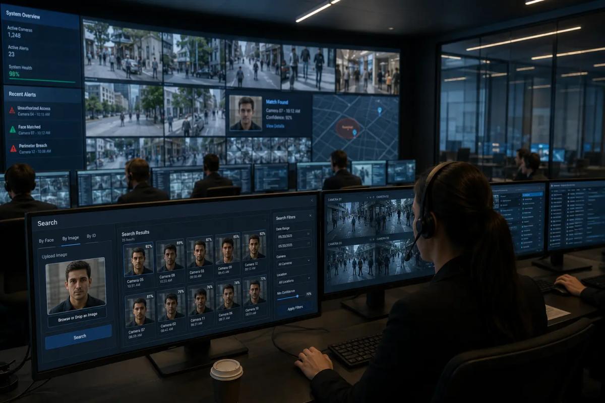 A high-tech centralized security control room with modern infrastructure designed for enterprise video analytics and facility-wide surveillance monitoring.