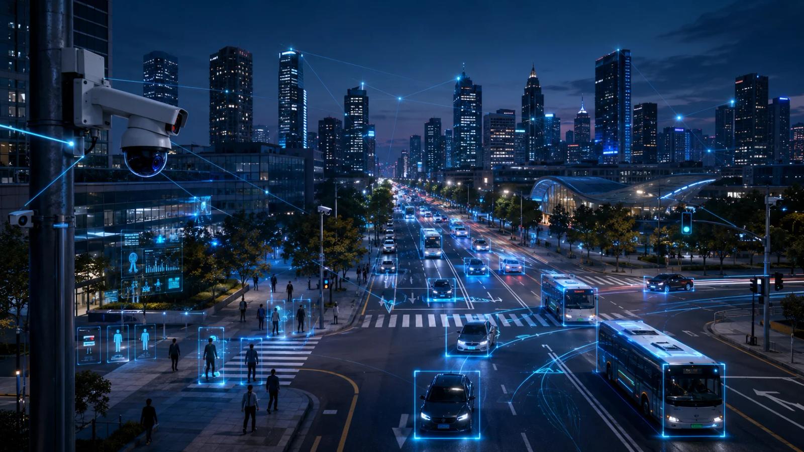 Nighttime smart city intersection monitoring traffic, pedestrians, and public buses using connected AI video analytics.