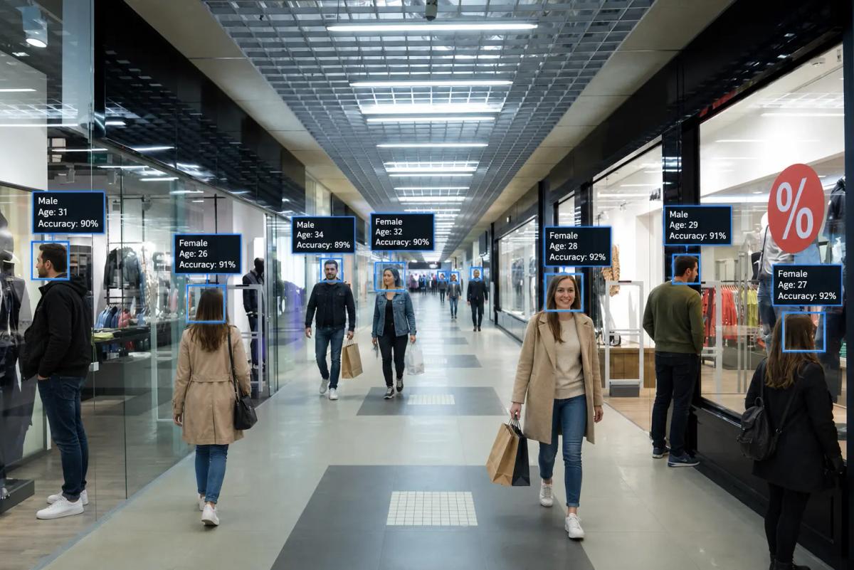 Modern shopping mall retail corridor with advanced ceiling infrastructure designed for security tracking and crowd monitoring analytics.