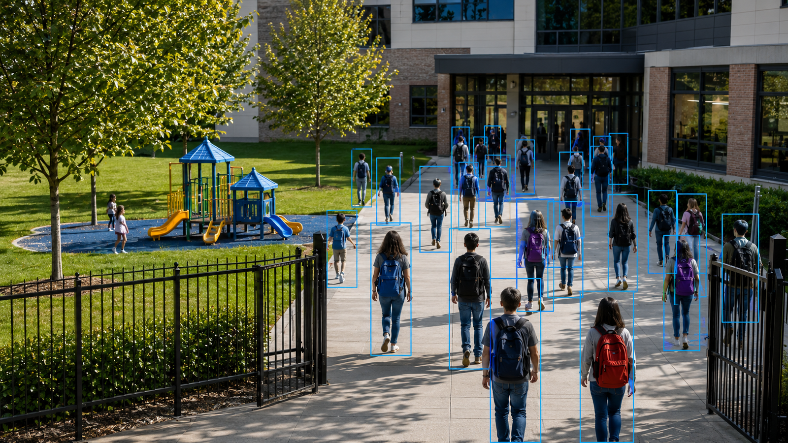 Students walking on a school campus path monitored by a security video analytics system tracking foot traffic flow.