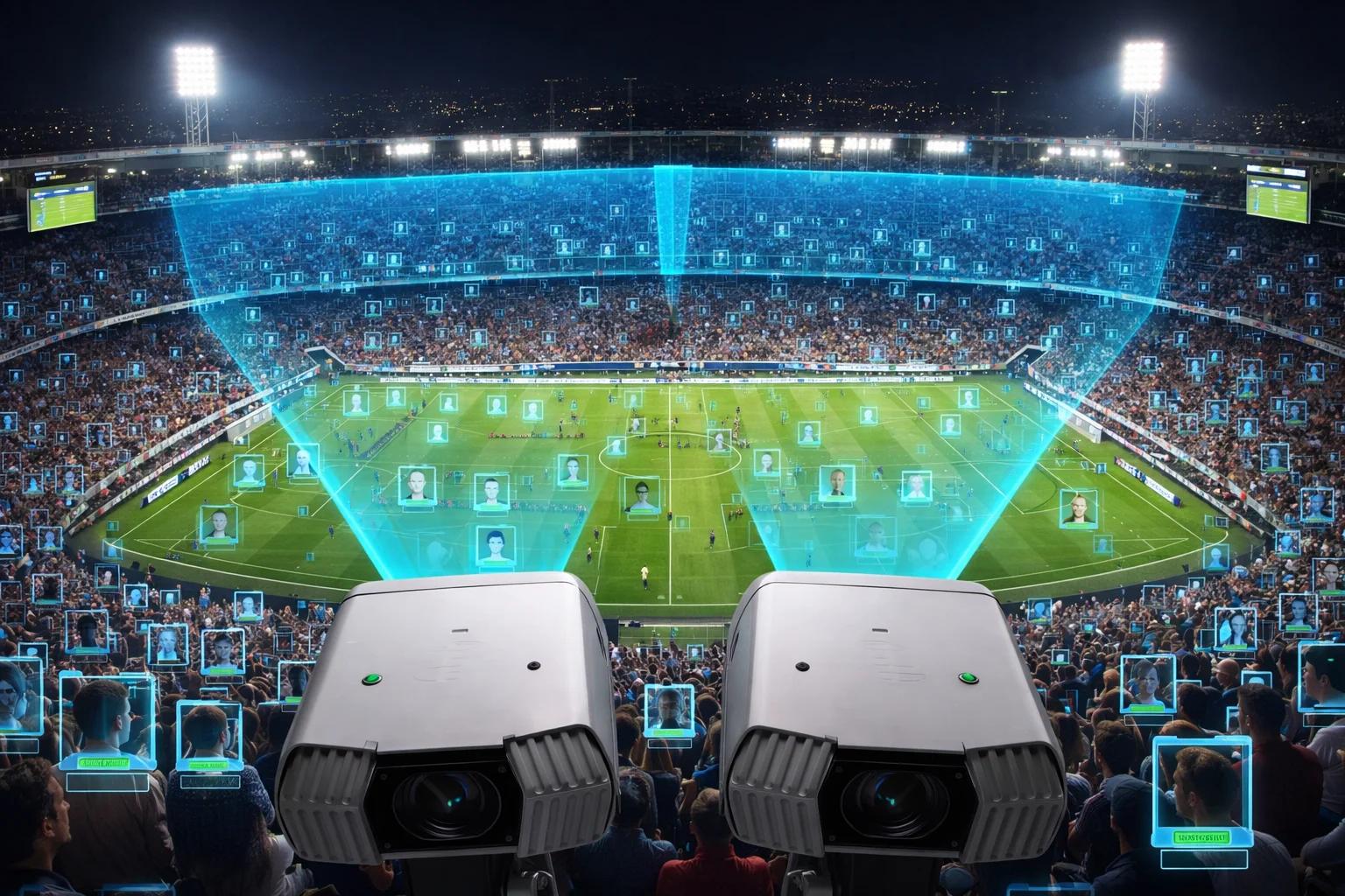 AI security cameras scanning a crowded football stadium for crowd management and facial recognition analytics.