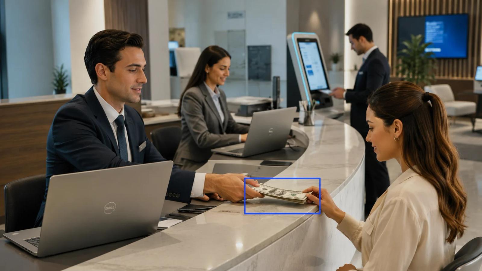 A bank teller handing cash to a customer at a service counter with smart video analytics monitoring financial transactions.