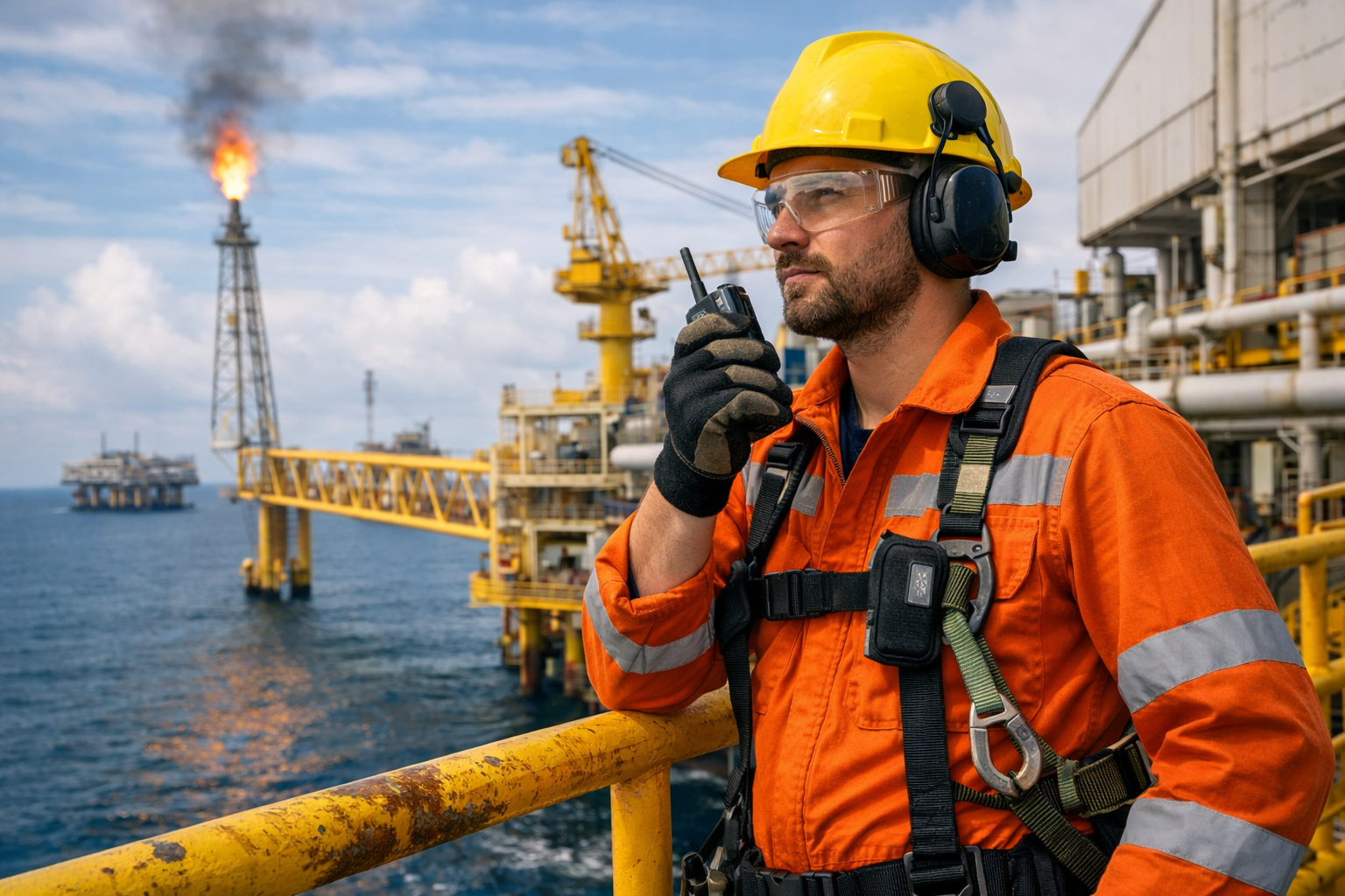 An offshore oil rig worker in safety gear using a walkie-talkie, representing industrial video analytics for oil and gas site safety.