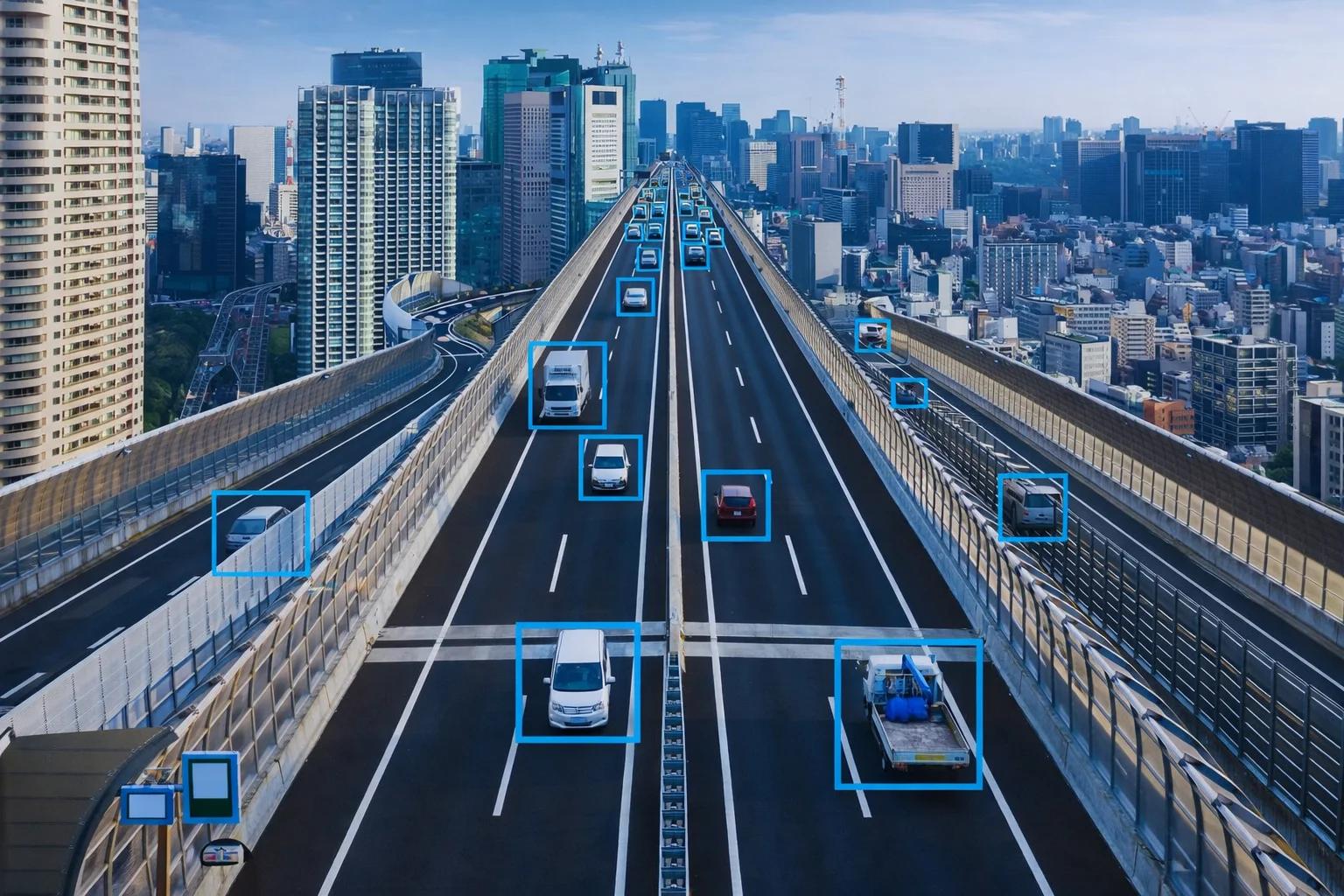Intelligent transportation system utilizing AI video analytics bounding boxes to track vehicle flow on a multi-lane city highway.