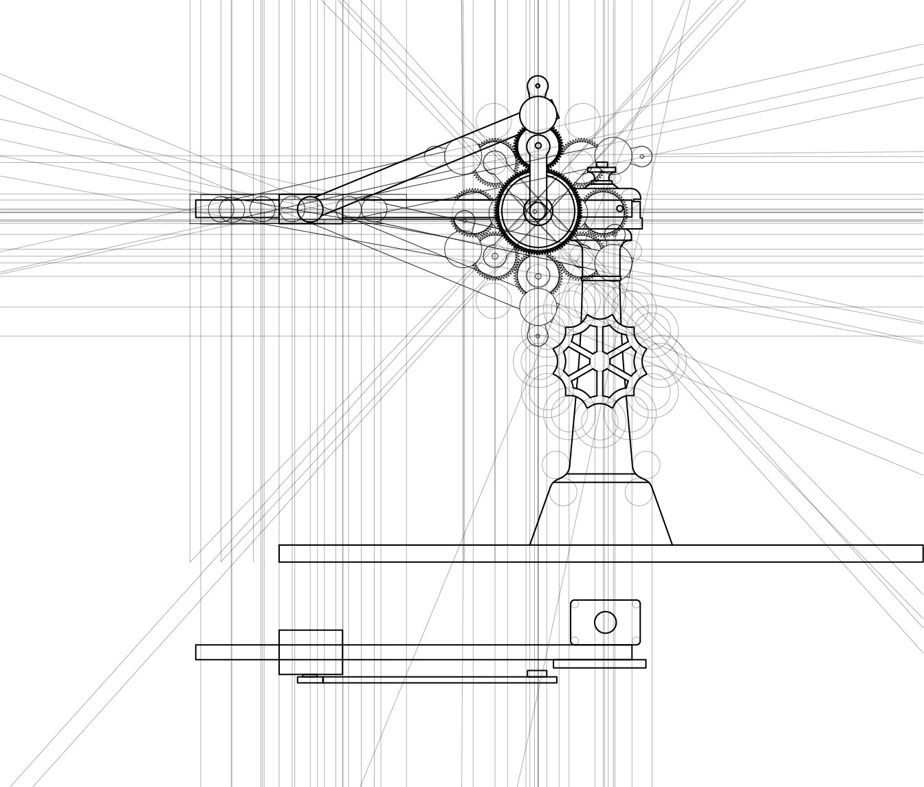 By dissecting its components, I unveiled cyclical geometries that trace an elegant interplay between linear and rotational motion, creating a visual narrative of the machine’s operation. The drawings highlight the circular transformations generated as the slider travels along its path, emphasizing the harmonic relationship between geometry and motion. This analytical process not only illustrates the mechanism’s inherent beauty but also reveals its potential as a foundation for exploring the spatial and kinetic possibilities of transforming mechanical principles into architectural expressions