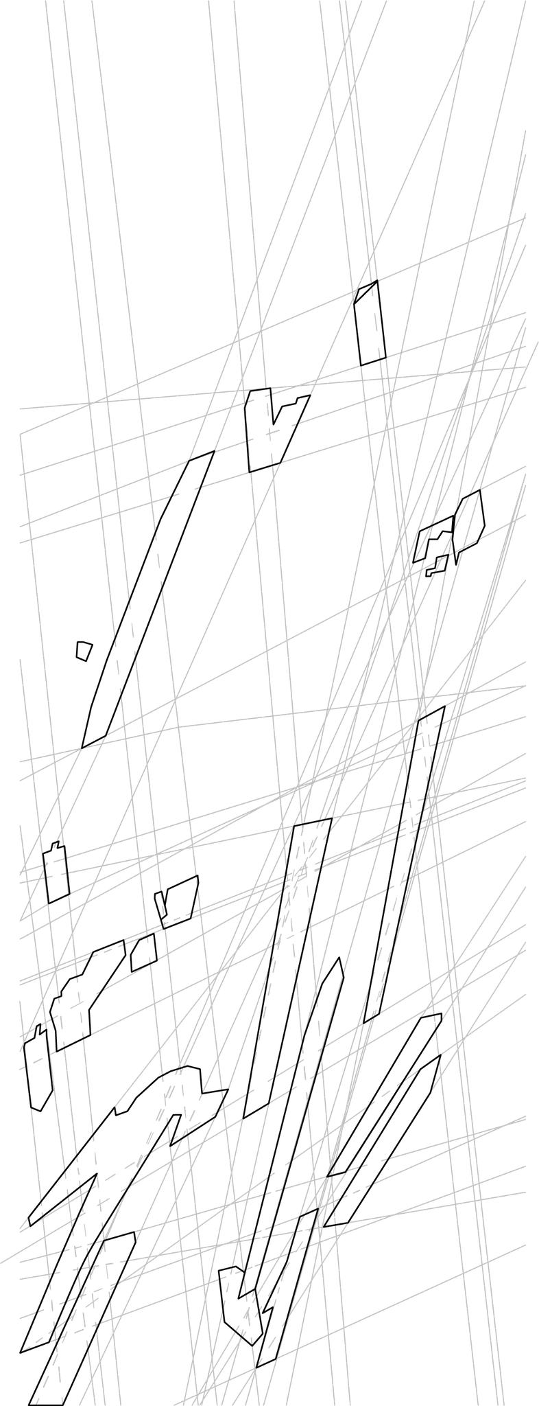 Three-dimensional forms are traced with grid lines