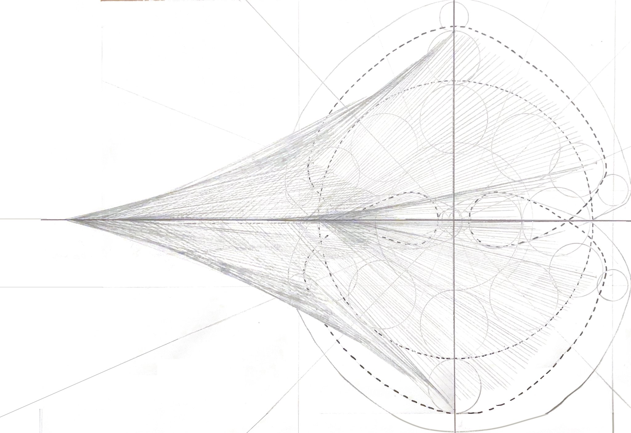 Through defamiliarization, the somersaulting patterns of the mechanism’s motion are extracted and reinterpreted. Three hand-drawn studies trace the primary joint’s movements and align them in cardinal directions to reveal the hidden somersault motion. These drawings transform the traced path into a metaphysical fabric, an imagined screen in tension, forming the foundation for a larger system governed by this dynamic rule set
