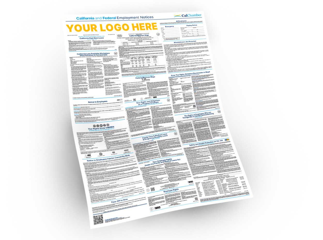 Angled employment notices poster preview with YOUR LOGO HERE printed across the top.
