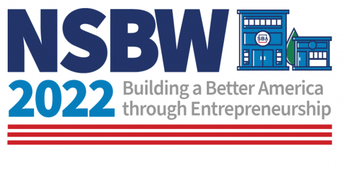 NSBW 2022 graphic: Building a Better America through Entrepreneurship, with storefront illustrations and red stripes.