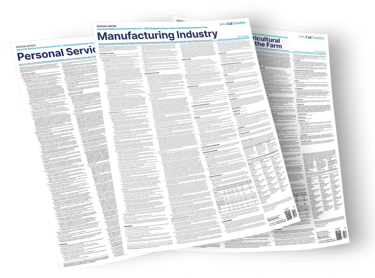 Overlapping California wage order posters, including Manufacturing Industry and Personal Services.