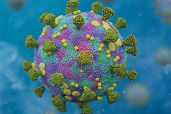 A colorful three-dimensional illustration of a spiked virus particle.