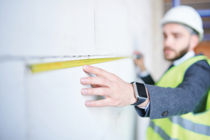 A worker wearing a hard hat and reflective vest measures a wall with a tape measure.