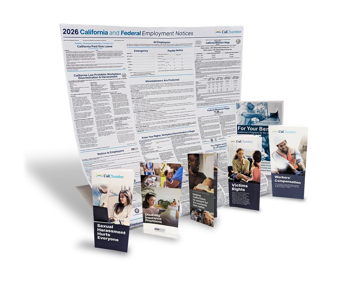 A 2026 California and Federal Employment Notices poster displayed behind a collection of workplace brochures.