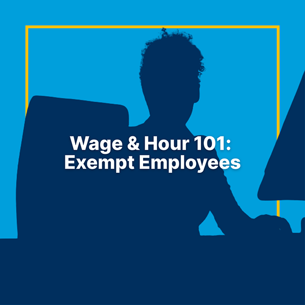 Wage & Hour 101: Exempt Employees graphic with a silhouette of a person at a computer.