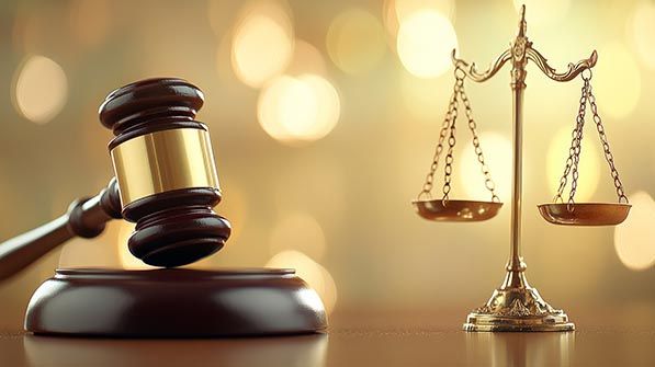 A wooden gavel and gold balance scales against a softly glowing background.