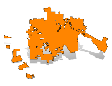 Orange silhouette map of Santa Rosa with a gray drop shadow.