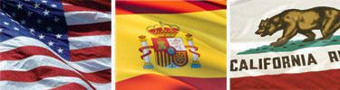 United States, Spain and California flags displayed side by side.