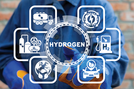 A Hydrogen graphic surrounded by icons for fuel, transport, electricity and environmental applications.