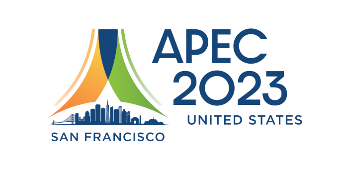 APEC 2023 United States San Francisco logo with colorful bridge-like curves and a city skyline.